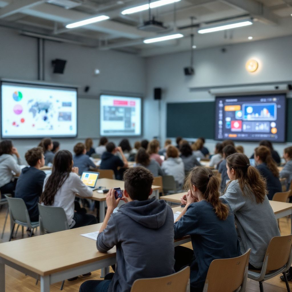 Det mest fængende og spændende foto, der kan visualisere kernepunktet i artiklens midtersektion om ChatGPTs nye sikkerheds- og forældrekontrolsystemer, er et dokumentaristisk billede af en moderne skoleklasse i gang med en digital lektion om AI-sikkerhed. Billedet kan vise unge elever, der i en gymnasiesal ser eller interagerer med store, tydeligt synlige skærme, hvor grafiske visualiseringer og advarsler om potentielt skadelig indhold er præsenteret på en klar, informativ måde. Der er få mennesker direkte i fokus, men atmosfæren er præget af en miljø, hvor digital dannelse, ansvarlig teknologi og beskyttelse af unge er i centrum, med lærere og forældre i baggrunden, der observerer og støtter. Det viser, hvordan fremtidens uddannelse og forældresamarbejde integrerer AI-sikkerhed i praksis, hvilket understreger teknologiens konkrete effekt i en hverdagsagtig, men alligevel avanceret kontekst . For at skabe et billederum, der harmonerer med dette tema, kan scenen designes med en neutral, realistisk farvepalet