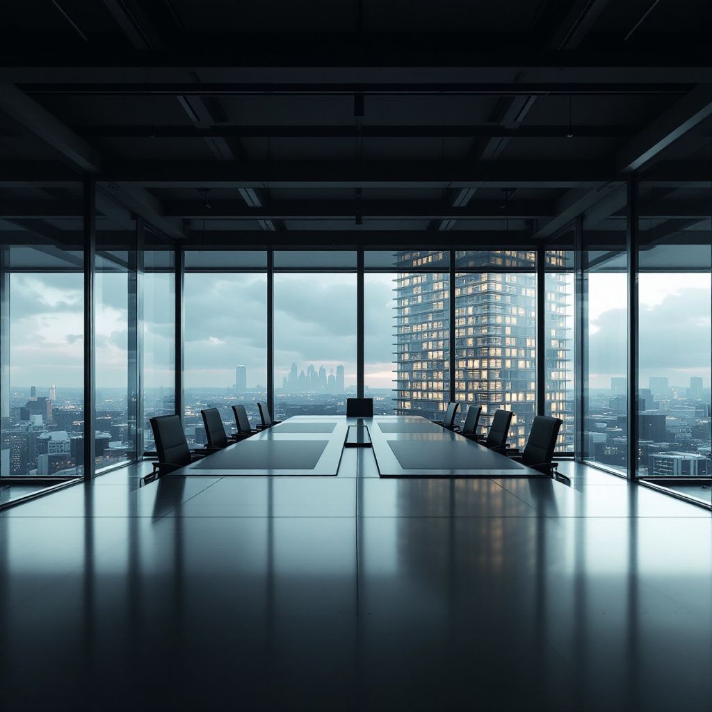 Mit følsomme blik for dokumentarisk ægthed og en præcis forståelse for det aktuelle emne, præsenterer jeg her et stærkt, realistisk billede, der visualiserer den dybe indvirkning af AI i nutidens arbejds- og samfundsstruktur uden at inkludere personer. Forestil dig en nærbillede af en moderne arbejdsplads, hvor en række forskellige teknologiske enheder – fra skærme med kodende data til avancerede, automatiserede maskiner – er spredt ud over et minimalistisk, neutralt bord. Bagved, igennem store vinduer, ses en bred bysilhuet i daggryets bløde lys, hvilket symboliserer den globale skala og den konstante, uendelige cyklus af teknologisk udvikling. Dette billede opfanger den abstrakte, men alligevel stærke realitet, at fremtidens arbejdspladser i stigende grad er drevet af AI-systemer, hvor mennesker arbejder i baggrunden, og fokus er på de teknologiske processer og datafremvisninger — uden direkte at visualisere menneskelige personer, der bruger maskiner. Dette billede understreger den transformative kraft og 