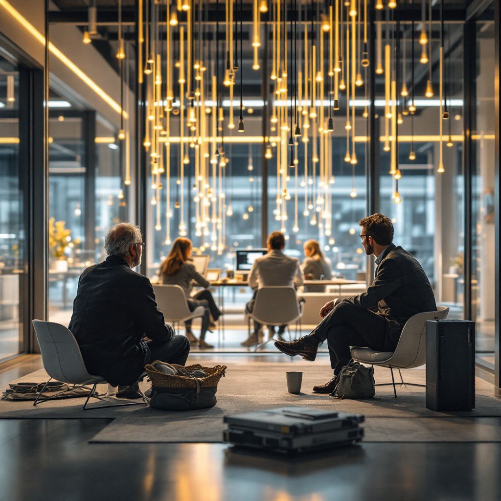 Forestil dig et dokumentaristisk billede, der indrammer et moderne, åbent offentligt miljø, hvor teknologi er integreret i den daglige praksis uden menneskekroppen i fokus. Billedet viser et bredt, intuitivt system af fysiske og digitale elementer, der symboliserer automatisering og systemintegration: kabler, datalinks og interfaces, som strækker sig gennem åbne, lyse rum. I forgrunden ligger en række fysiske enheder af forskellig karakter — en fleksibel serverrack, modulære datamuligheder og nogle ældre, men stadig funktionelle, hardwarekomponenter. Disse elementer er forbundet på sat, symboliserende den komplekse, men organiserede, struktur af offentlige systemer. Atmosfæren er præget af blødt, naturligt lys, der understreger stabilitet og åbenhed, mens subtile refleksioner i glas og metal forstærker en følelse af systemisk harmoni og pålidelighed. I baggrunden visualiserer en stor, skarpt oplyst LED-skærm en strøm af dataperioder og API-aktive flows som abstrakte, geometriske former — symboler på den usyn