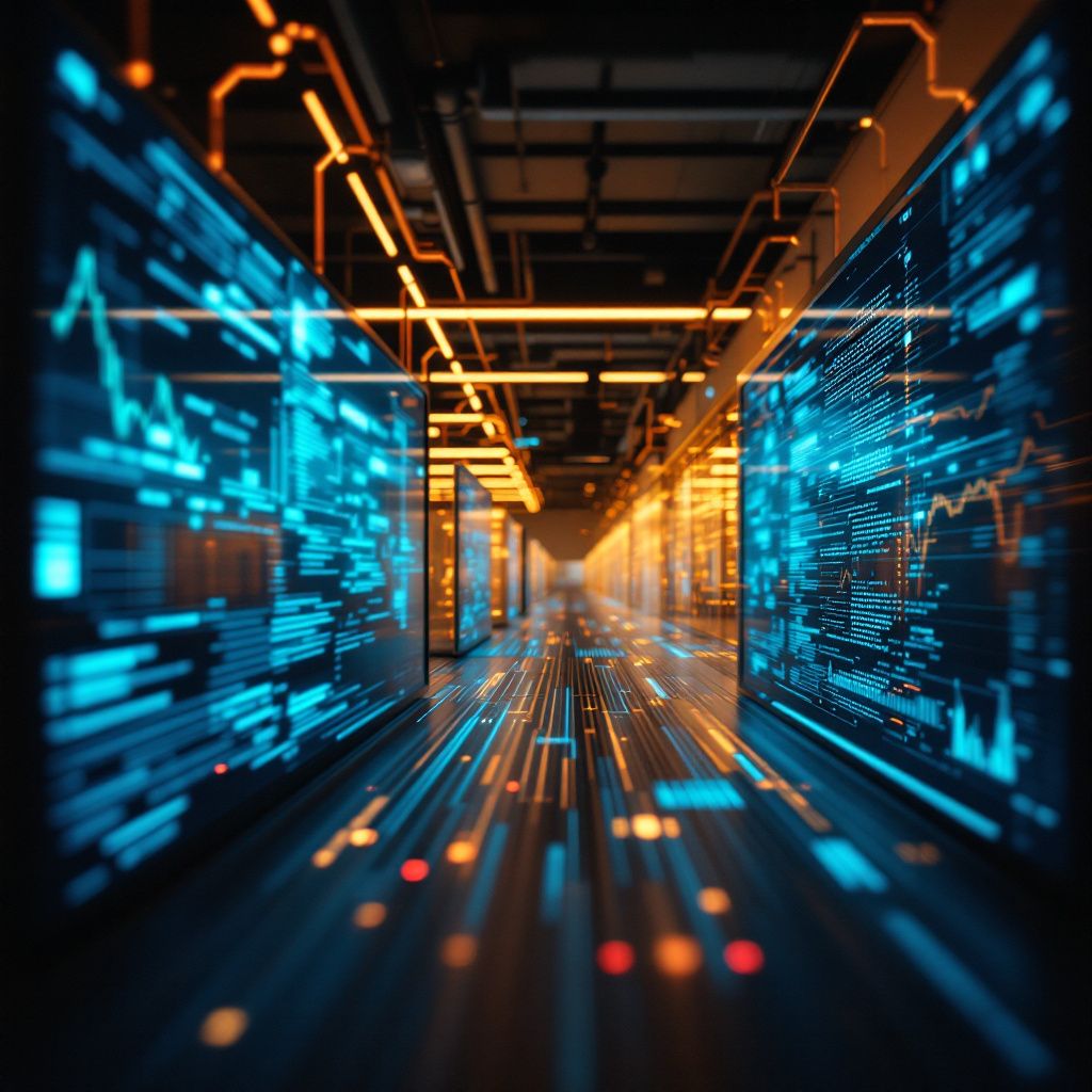 Et realistisk, dokumentaristisk billede, der abstrakt visualiserer integrationen af enkel dataflytning og automatisering i det offentlige miljø, kan forekomme som et bredt, lavt perspektiv af et moderne kontorlandskab med tydeligt synlige, overskuelige dataskærme og kabler, der munder i en central cloud-løsning. Overflader og udstyr er minimalistische, med naturligt lys, der reflekterer neutralitet og åbenhed, mens firkantede, graphic-prægede grafik-visualiseringer på skærmene kan symbolisere datastreams, der flyder uden menneskelig indblanding, illustrerende hvordan automatiserede workflows fungerer i praksis. Her er fokus på data som en flydende, abstrakt kraft i et organiseret, men teknisk enkelt miljø uden at skabe en sci-fi-agtig stemning. Billedet kan f.eks. tage udgangspunkt i en stor, simpel arbejdsstation med en væg af flade skærme, der viser grafer, flow-diagrammer og API-visualiseringer, hvor farverne er dæmpede grå, blå og grønne nuancer, hvilket symboliserer integration og informationsstrømme. D