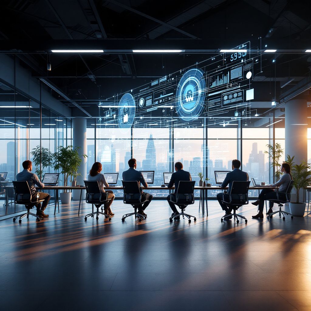 For at skabe det mest fængende og realistiske billede, der afspejler emnet for workflow automation og n8n i en dokumentaristisk stil, forestil dig en daglig arbejdsscene i en offentlig kontorbygning, hvor teknologien er en usynlig, men alligevel aktiv kraft. Panoramatet kan vise en moderne, velindrettet kontorarkitektur med åbne arbejdssteder og digitale skærme, hvor en gruppe ansatte – uanset alder og baggrund – interagerer med systemer gennem store, intuitive touchscreen-paneler, der viser dataflow og automatiserede processer. Lysindfaldet er naturligt og blødt, fra store vinduer, som understreger transparens og tilgængelighed, og bygger en visuel metafor for åbenhed og integration i offentlige institutioner. Dette image fokuserer på de abstrakte processer bag teknologien – datalag, forbindelser og automatisering – uden at vise mennesker ved computere. I stedet kan det illustrere de skjulte, komplekse netværk, der arbejder i baggrunden: visualiseringer af digitale datastrømme, grafiske netværk, og forbinde