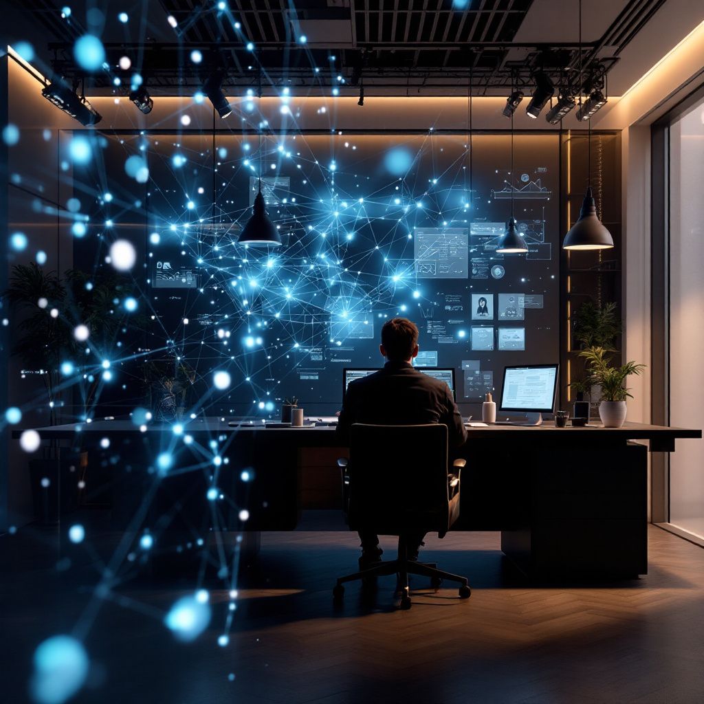 På billedet ser vi et realistisk og dokumentaristisk miljø, hvor abstrakte repræsentationer af dataflows og informationsstrømme visualiserer AI- og databeskyttelsesprocesser i praksis. Forestil dig en teknologisk control room, hvor netlignende lysstrømme i bløde, polygonale former svæver gennem luften og symboliserer data, der bevæger sig mellem servere og systemer. Disse lysstrømme er farvet i subtile blå og grønne nuancer, der giver en følelse af både sikkerhed og dynamik, og de krydser hinanden i komplekse mønstre, som illustrerer dataintegration og GDPR-overholdelse. I midten er en stor, transparent skærm, der viser en oversigt over datastyring, med geometriske ikoner og grafiske visualiseringer, der repræsenterer forskellige aktører og processer i datahåndteringen uden at vise direkte personer. Omkring scenen er der et miljø, der minder om en moderne datacenter- eller kontrollokal, hvor det teknologiske landskab er præget af rene linjer, transparens og funktionalisme. Den abstrakte, men realistiske komp