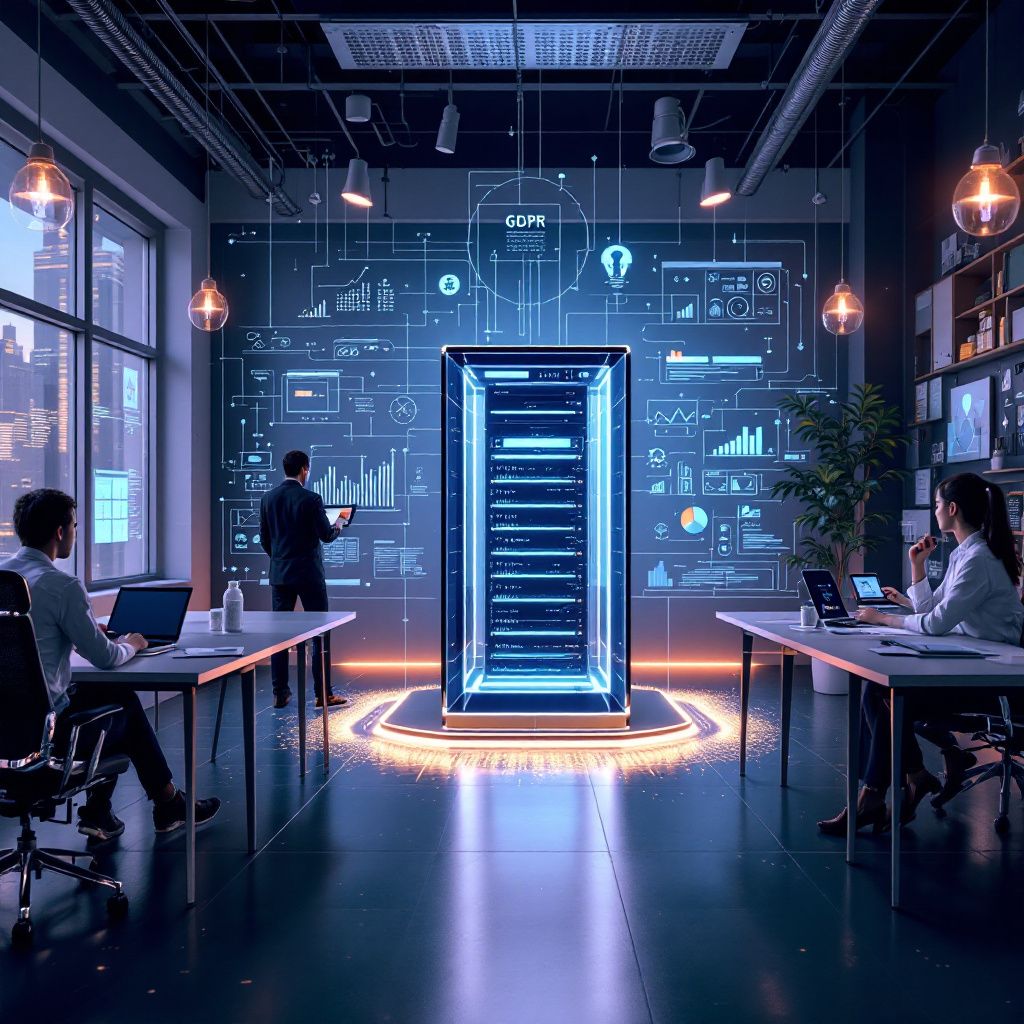 Forestil dig et realistisk, dokumentaristisk billede, der fanger konsekvenserne af AIs integrering i dagligdagen for offentlige organisationer og erhvervslivet, uden at vise mennesker direkte ved computere. På billedet ses et bredt, åbent kontorlandskab med subtile tegn på digital transformation: store skærme på væggene viser komplekse diagrammer, datakort og grafer, der symboliserer datahåndtering og GDPR-overholdelse. Midt i rummet står en transparent, stilfuld datacenter-server, omgivet af symbolsk bling og lys, der reflekterer implementeringen af lokal dataresidens og sikkerhed. Atmosfæren udstråler en seriøs og progressiv stemning, hvor fysisk og digital databehandling smelter sammen i en harmonisk helhed, hvilket illustrerer den essentielle forretningsværdi og de nye muligheder, AI-teknologien bringer i en hverdag præget af datasikkerhed og compliance.