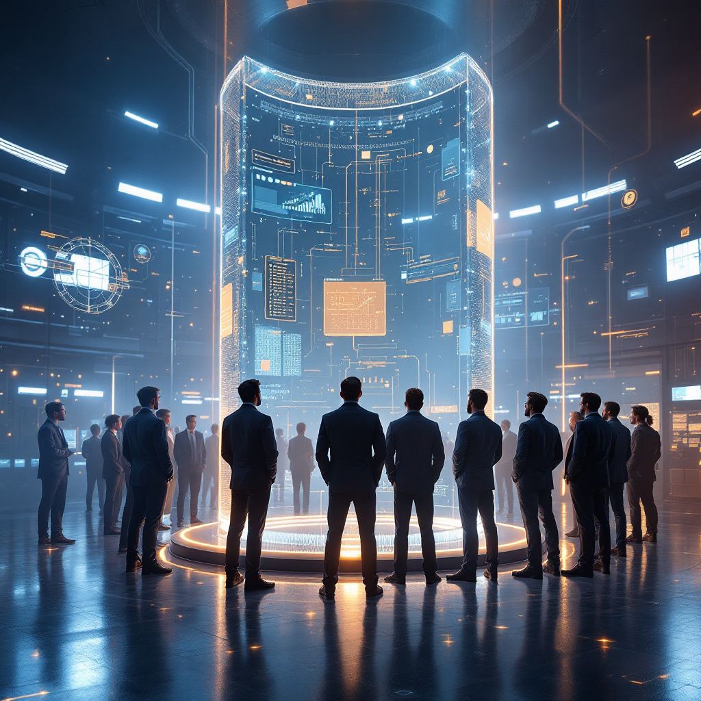 Bildet jeg vil skabe, er en dokumentaristisk, realistisk skildring af den konkrete effekt, teknologien kan have i nutiden. Det vil give en visuel abstraktion af datastyring og innovativ kontrol, hvor symboler som en stor, transparent dataskærm, der trækker data fra en menneskelig hånd, bliver slynget ud gennem en moderne, industriel setting. Rundt om skærmen er en gruppe mennesker i forskellige professionelle tøj – med fokus på etisk og ansvarlig teknologibrug – der står i en cirkel, mens kraftige, let flimrende lyspulseringer symboliserer datastreams og brugerinddragelse. Alt er kameraoptaget i en skarp, højopløsningsstil med naturlige lysindfald og subtil brug af farvetemperaturer for at understrege både seriøsitet og håbefuld innovation. Dette billede fokuserer på det regulatoriske og etiske aspekt ved at visualisere håndtering, kontrol og fælles beslutningstagning omkring databrug i AI-teknologi, uden at indebære personlige elementer. Det illustrerer, hvordan kontrollerede dataflydninger understøtter m