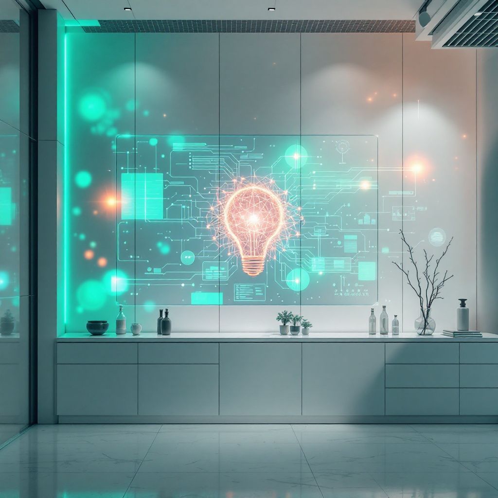 Forestil dig et nærbillede af en moderne, steril laboratorie- eller produktionsmiljø, hvor fokus er på et avanceret, minimalistisk displaypanel. Paneler med subtile, inderlige LED-linjer skifter i bløde nuancer – blå, grøn, og lilla – og visualiserer komplekse datamodeller og netværksstrukturer, der symboliserer AI’s sikkerhed og kontrol. Overfladen er nydeligt ren, med små indlejrede sensorer, der overvåger og registrerer data med præcision, hvilket understreger teknologien bag samtykke- og datastyring i AI-systemer. Atmosfæren er præget af en rolig, videnskabelig æstetik, med tydeligt fokus på den tillidsfulde, ansvarlige anvendelse af AI-teknologi i samfundet. Dette billede bruger en realistisk, dokumentaristisk stil uden mennesker, der interagerer direkte med udstyret, men alligevel formidler en følelse af kontrol, sikkerhed og etisk ansvarlighed. Det symboliserer den innovative teknologiske infrastruktur, der muliggør ansvarlig AI-brug, og fokuserer på bløde lys, rene linjer og subtile visuelle metafo
