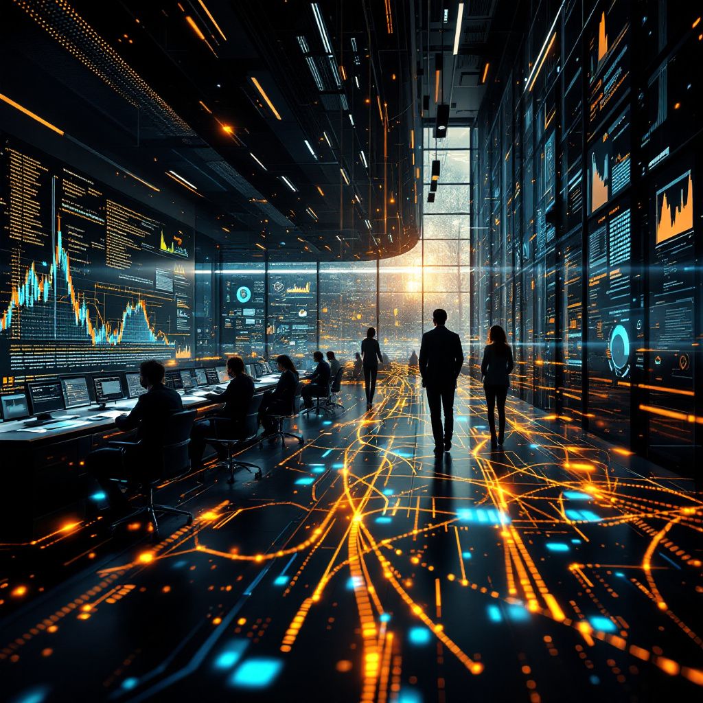 Forestil dig et kraftfuldt, realistisk fotografi, der visualiserer den komplekse proces i moderne skibsplanlægning gennem data og teknologi uden at afbryde med mennesker. Billedet tager udgangspunkt i en stor digital operationscenter, hvor en væg dækket af multifarvede grafikker, tidsserier og geografiske kort illustrerer realtidsdata fra verdenshavene, havne og vejroplysninger. I midten ses en stor, transparent dataskærm, hvor indsigtsfulde algoritmer animationer af skibsruter og forsinkelser flyder som abstrakte lysstrømme, der symboliserer ML-modellernes forudsigelser og dataflow. Den visuelle stil skal være dokumentaristisk, realistisk og teknisk præcis, og uden former for sci-fi-elementer eller overdramatisering, for at understrege, hvordan avanceret dataanvendelse har en direkte effekt på den globale shippinglogistik. Billedet viser en scene uden mennesker, men med en tydelig følelse af aktivitet og præcision, vha. subtile detaljer som små indikationer af bevægelse i data-flowet – måske nogle blinkinge