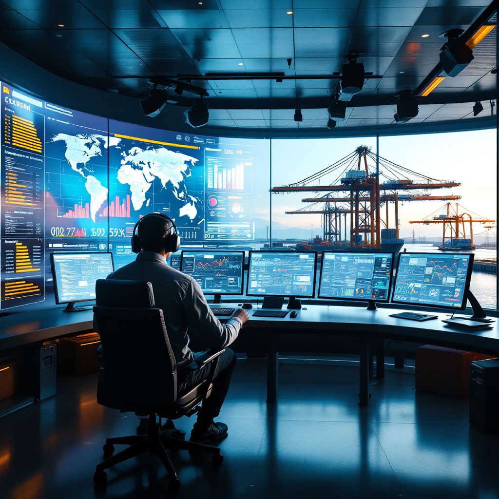 Forestil dig et realistisk billede, der fokuserer på en moderne containerterminal, hvor et gigantisk, avanceret overvågnings- og dataintegrationssystem dominerer scenen. I forgrunden er en stor, glasklædt kontrolstation med flere skærme, der viser dynamiske kort, trafikinformation og realtidsdata, der visualiserer de komplekse koordinationsprocesser i shippingindustrien. Rummet er fyldt med teknologi-udstyr som store server racks, kabler og interactive display panels, alt sammen i en industrielt elegant setting, der understreger det moderne, data-drevne planlægningsmiljø. Bagved er en stor, åben pier med containerkraner og skibe, hvor den tætte integration af teknologi understreges gennem animerede skærmbilleder, der viser prediktive modeller og logistiske flow. Atmosfæren er præget af en kombination af industriel funktionalitet og futuristisk finesse, hvor naturligt lys filtrerer ind gennem store vinduer, og den overordnede stemning understreger, hvordan avanceret dataanalyse og machine learning ændrer den 