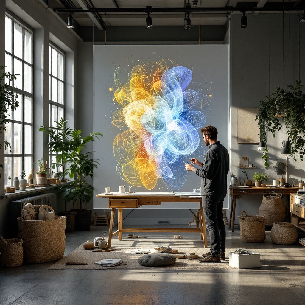 Det mest fængende og spændende foto til artiklen om AI som medskaber i den kreative branche bør fremstille en dokumentaristisk scene, hvor teknologiens indflydelse er tydelig uden at være cliché. Forestil dig en nysgerrig, nyfiken kunstner, der står i et moderne, lyst atelier med store vinduer, hvor naturligt lys giver en varm, menneskelig atmosfære. I midten ses en stor, transparent skærm eller holografisk projection, der visualiserer abstrakte, flydende former, som symboliserer AI’s kreative processer; de kan ligne digitale
