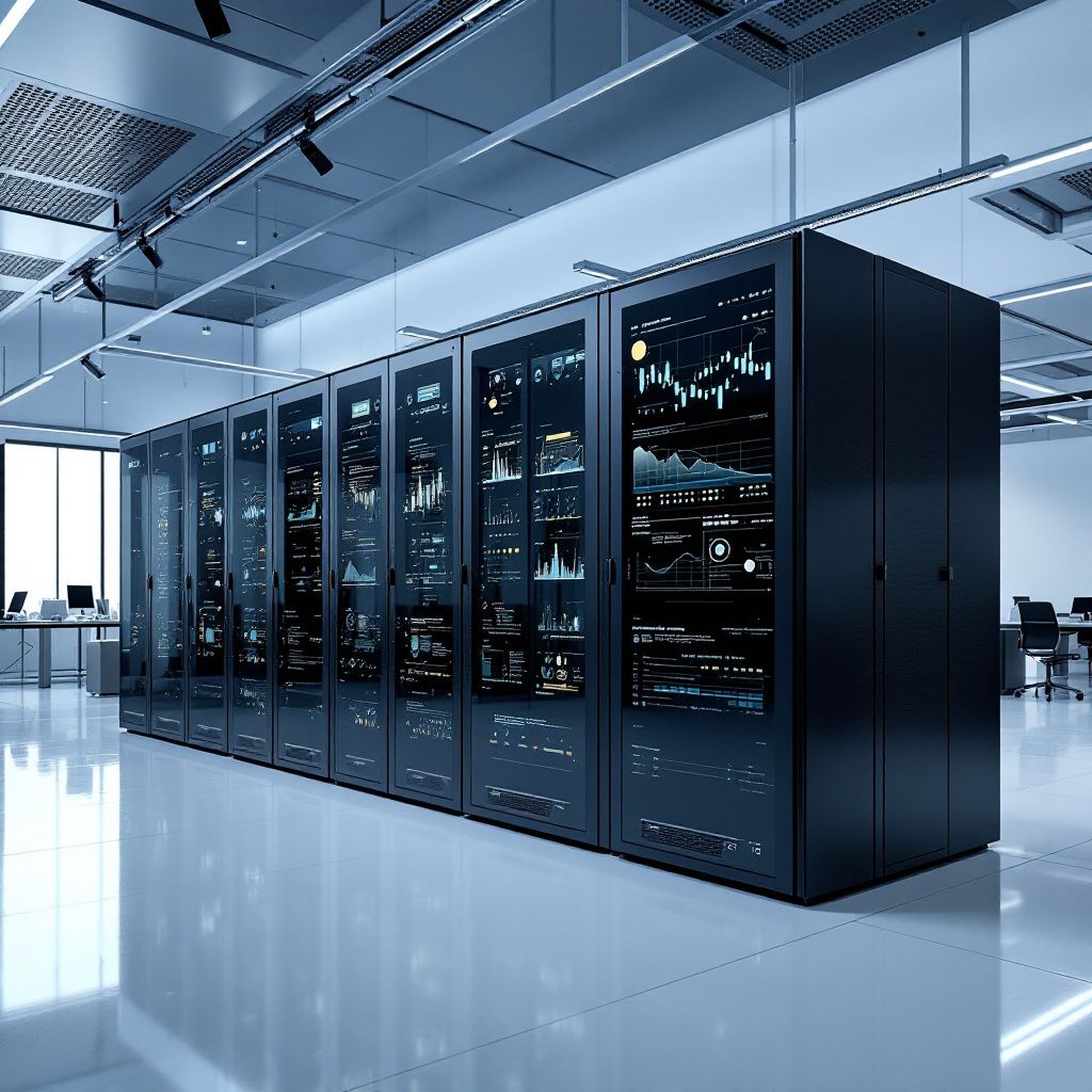 Forestil dig et billede taget i et moderne forskningslaboratorium, hvor en stor, slidstærk, sort supercomputer står som et monument af teknologi. Den er omgivet af avancerede dataskærme med blinkende, dynamiske grafer, der visualiserer komplekse AI-modeller i konstant bevægelse, hvilket antyder den enorme beregningskraft, der ligger bag. Rummet er præget af et minimalistisk, industrielt design med kølige, blå toner, der afspejler den højteknologiske atmosfære, mens subtile LED-lys løbende skifter farve langs maskinens overflade – et symbol på dens evne til at generere og håndtere enorme datamængder i realtid. Ud over maskinen står små grupper af forskere og teknikere i fokus, gestikulerer mod skærmene uden at menneskene skal være tydelige, hvilket understreger teknologiens funktion i sig selv. Det er en dokumentarisk scene, der indfanger den konkrete anvendelse af avanceret AI-infrastruktur i et nybygget, futuristisk miljø, hvor den teknologiske kraft er tilgængelig, men uden at overdrive. Billedet symbolis
