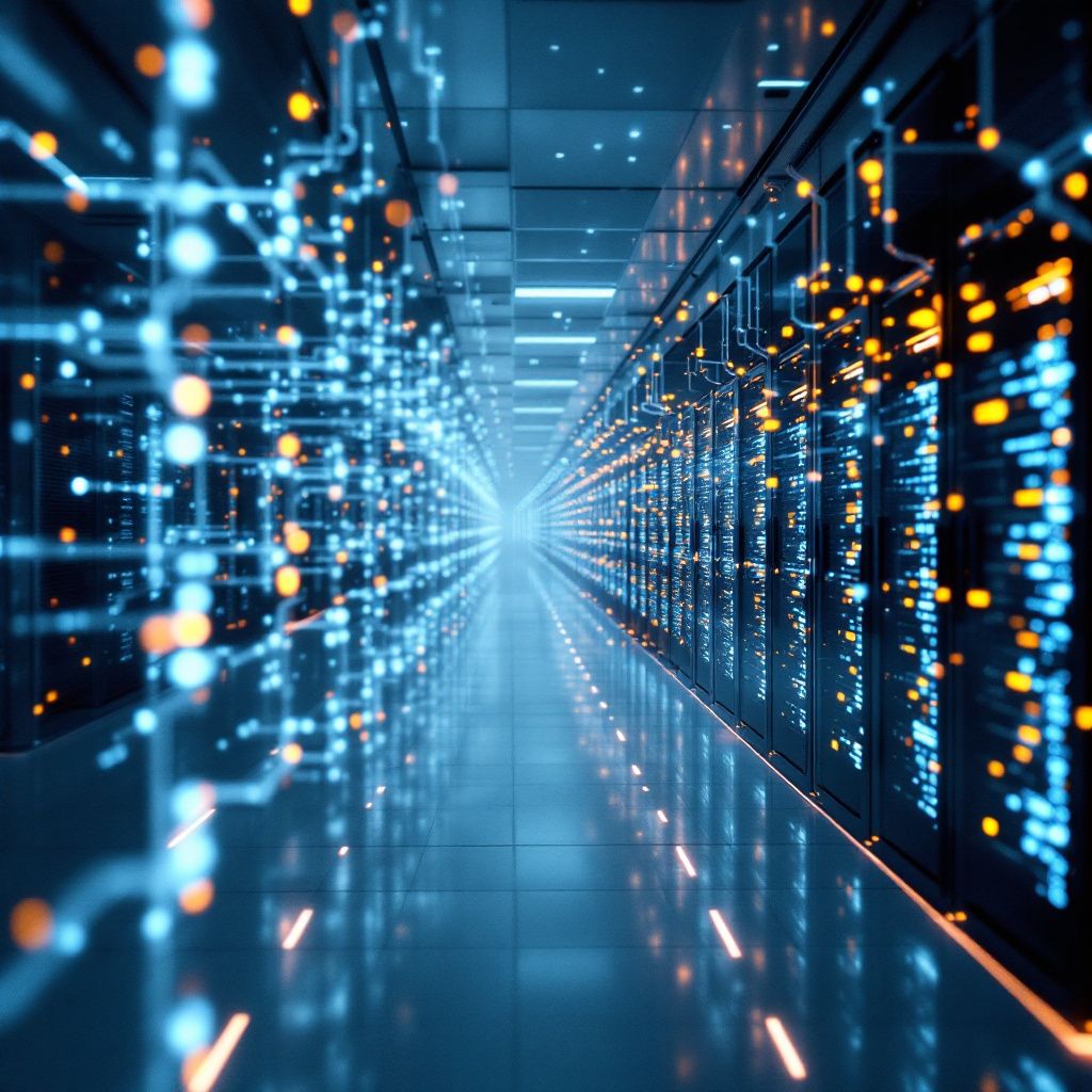 Forestil dig et realistisk, dokumentaristisk billede taget i en moderne forskningslab, hvor en stor, medie-omgivet struktur af lysende fibre og datalinjer trækker sig ud fra en centrale supercomputer, symboliserende det enorme netværk af data og beregninger. Disse let gennemskinnelige, glødende ledninger krydser hinanden i komplekse, organiserede mønstre, der illustrerer dataflow og informationsstrømme, uden direkte at vise personer, kun deres tilstedeværelse gennem subtile refleksioner og skygger på de glatte overflader. Lyset i scenen er blødt og køligt, med hints af blå og grønne nuancer, der skaber en følelse af avanceret teknologi og kontrol over enorme datamængder. Baggrunden er en kontur af et futuristisk men jordnært datacenter, hvor strukturene er minimalistiske og funktionelle, med ventilationsåbninger og energibesparende teknologi synligt under den sterile, monitorlignende belysning. Denne komposition fokuserer på den visuelle repræsentation af teknologien i praksis – datafluxen, de multidimensio