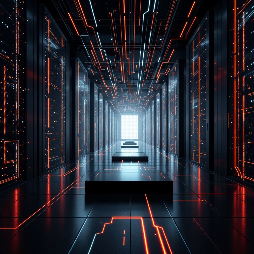 Et nærbillede af en moderne, industrielt inspireret data- og AI-central, hvor abstrakte geometriske former, komplekse netværk af lysende kabler, og dynamiske visualiseringer af datastreams skaber en visuel metafor for den enorme kapital og innovation, der strømmer gennem OpenAIs økosystem. I forgrunden ses et minimalistisk, sort panel, med subtile LED-indikatorer, der symboliserer den kraftfulde, men diskrete hardware, der driver virksomhedens AI-capacitet, mens baggrunden præsenterer en kompleks, men klart struktureret visuel dataflow, der binder den menneskelige og teknologiske verden sammen uden at inkludere personer direkte, hvilket understreger teknologiens rolle i den moderne, hyperforbundne infrastruktur .