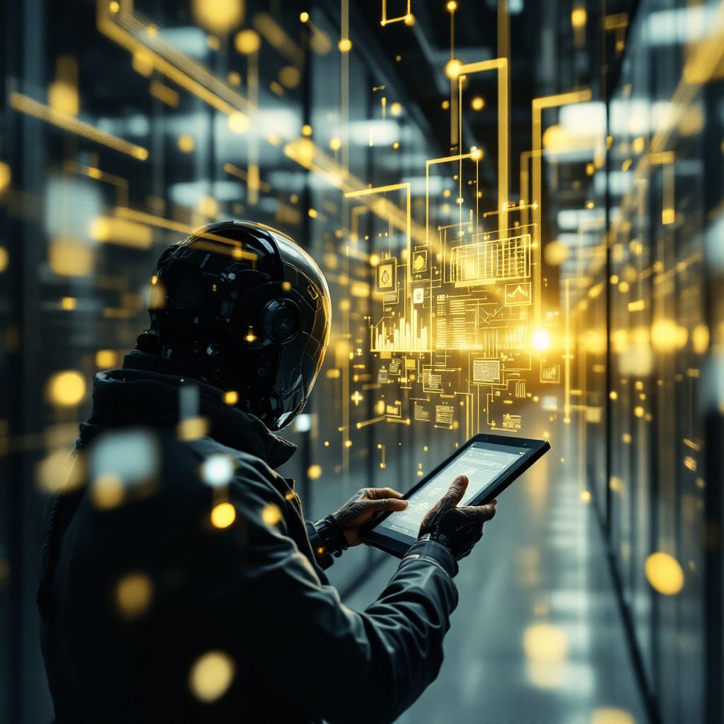 Forestil dig et dokumentaristisk fotografi, der fanger den abstrakte essens af den højteknologiske udvikling i AI-industrien som set i artiklen om OpenAIs rekordstore aktiesalg. Billedet viser en stor, moderne datacenterhal uden mennesker, hvor et netværk af svagt lysende, løst hængende fiberoptiske kabler skaber et komplekst, organisk mønster. Over dette netværk svæver adskillige transparente, flydende skiver med indlagte grafer, diagrammer og data visualiseringer, der illustrerer en strøm af information, symboliserende AI-udviklingens konstante vækst og indflydelse. Lyset er blødt, men pulserende, hvilket giver en følelse af dynamisk energi og kraft, uden at nogen fysisk maskine er i fokus, hvilket understreger teknologiens mere abstrakte og integrerede karakter i samfundet. Billedet ethvert øjeblik kan tolkes som en skildring af data som en levende, pulserende organisme, der spreder sig gennem moderne samfund—en direkte visualisering af den digitale kapitalstrøm og den kapacitetsopbygning, der følger med