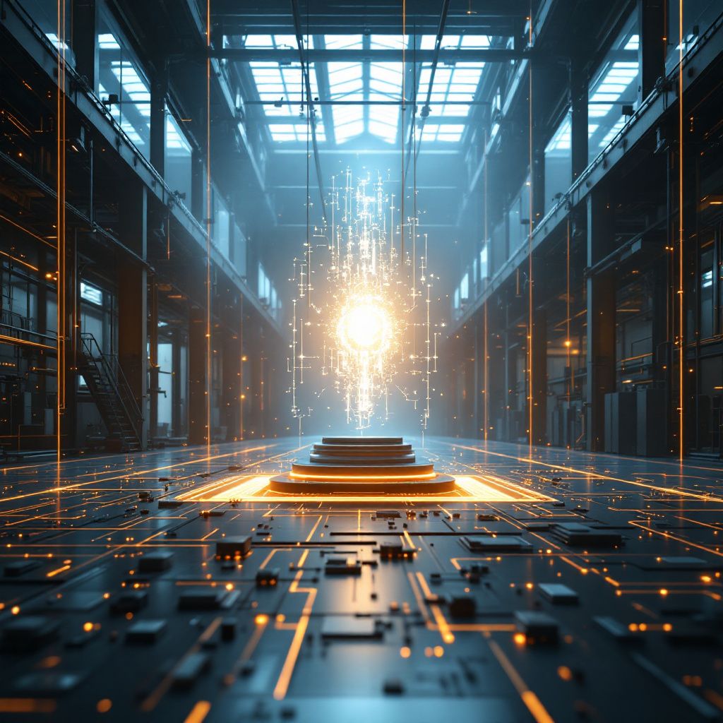 Forestil dig et dybtgående, dokumentaristisk billede, der kombinerer hverdagens realitet med teknologisk innovation uden at blive cliché. Billedet viser en moderne, lys industrihal fyldt med teknologiske komponenter: kabler, dataskinner, servere og skærme, der viser komplekse dataflow, maskinlæringsgrafikker og kryptiske kodepaneler. Midt i rummet står en stor, minimalistisk, sort cloud-agtig struktur, der symboliserer en avanceret AI-agentplatform – en kontrast til den industrielle baggrund, men også en integreret del af den. Lyset er dæmpet, men med bløde, markante punkter af farvet LED-lys, der skaber en atmosfære af avanceret, men stadig håndgribelig teknologi, hvor data flyder som synkrone strømme i luften, visualiseret gennem let blinkende, abstrakte lysbaner og symboler. Dette scenarie visualiserer den komplekse og integrerede proces, hvor AI-agenter bliver udviklet, testet og driftes i realtid, uden direkte menneskelige figurer i fokus, men i stedet gennem tydelige elementer af data, maskinel kraft,