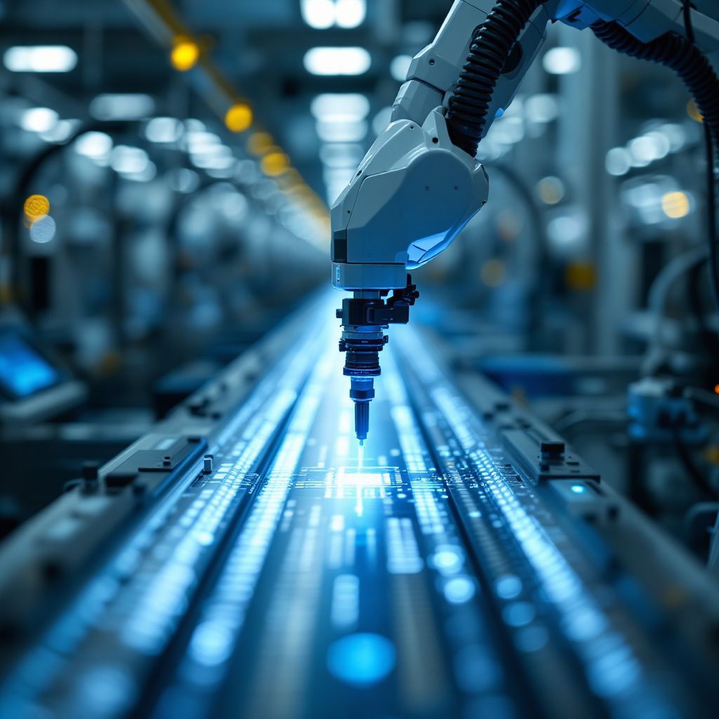 Forestil dig et dokumentarisk foto taget i et moderne, højteknologisk produktionsmiljø, hvor en række avancerede robotarme præcist samler microchips på en lang, lysende produktionslinje. Det er et nærbillede, der fokuserer på de små, komplekse detaljer af robotternes bevægelser, hvor lyset fra LED-lys reflekterer i de blanke overflader, og skaber en visuel rytme, der symboliserer præcision og effektivitet. Midt i billedet er en gennemsigtig, forsigtig monteret sensor, der overvåger processen og sikrer kvaliteten, hvilket illustrerer integrationen af avanceret automation og IoT i nutidens produktion. Atmosfæren er rolig og kontrolleret, med en tør, industriel æstetik, der fremhæver teknologiens rolle i industriel skalerbarhed og kvalitetssikring. Billedet visualiserer den gennemsigtige grænse mellem mennesker og maskiner, hvor minimal menneskelig tilstedeværelse understreger teknologiens dominans i at løse komplekse, sikre produktionsprocesser. Den omgivende enhed er uden mennesker, hvilket understreger, hvor