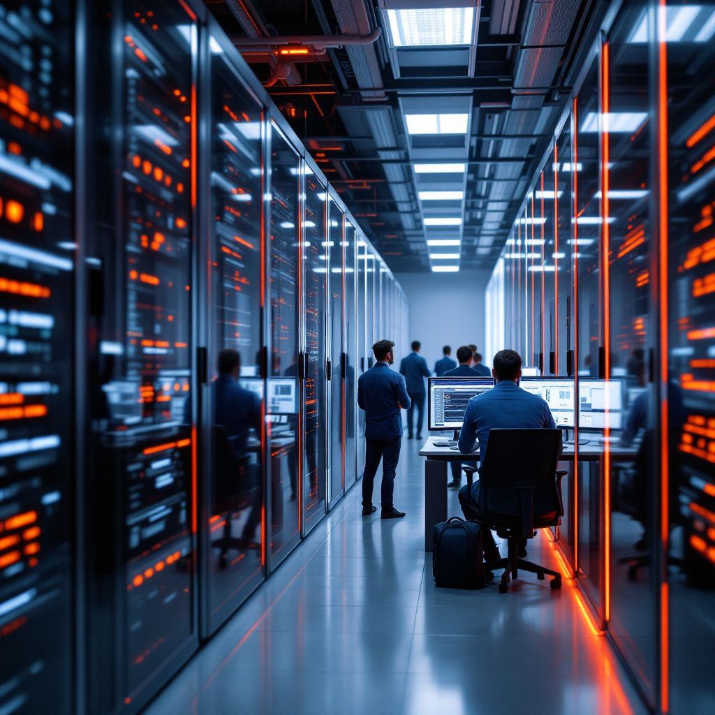 Det mest fængende og spændende fotografi, jeg kan skabe ud fra denne tekst, vil være en realistisk dokumentaristisk scene, der illustrerer den praktiske anvendelse af IBM Granite 4.0 i et naturligt miljø uden for kontor- eller lab-instillinger. Forestil dig et billede taget i en moderne datacenterfacilitet, hvor en skinnende, minimalistisk serverrack med subtile LED-lys repræsenterer den avancerede hybridarkitektur, omgivet af en gruppe professionelle ingeniører eller tekniske eksperter, der inspicerer og analyserer dataoutput gennem store, fladskærmsmonitorer. Lyset er dæmpet med en blød glød, der fokusere på hardware, mens baggrunden viser en stor glasfacade med udsigt til en urban industriarkitektur, som symboliserer den praktiske integrering af ressource-effektivt AI-teknologi i infrastruktur. Dette billede visualiserer den virkelighed, hvor Granite 4.0 muliggør skalerbarhed, compliance og lavere omkostninger for virksomheder. Det understreger den teknologiske modernitet og stabilitet, samtidig med at de