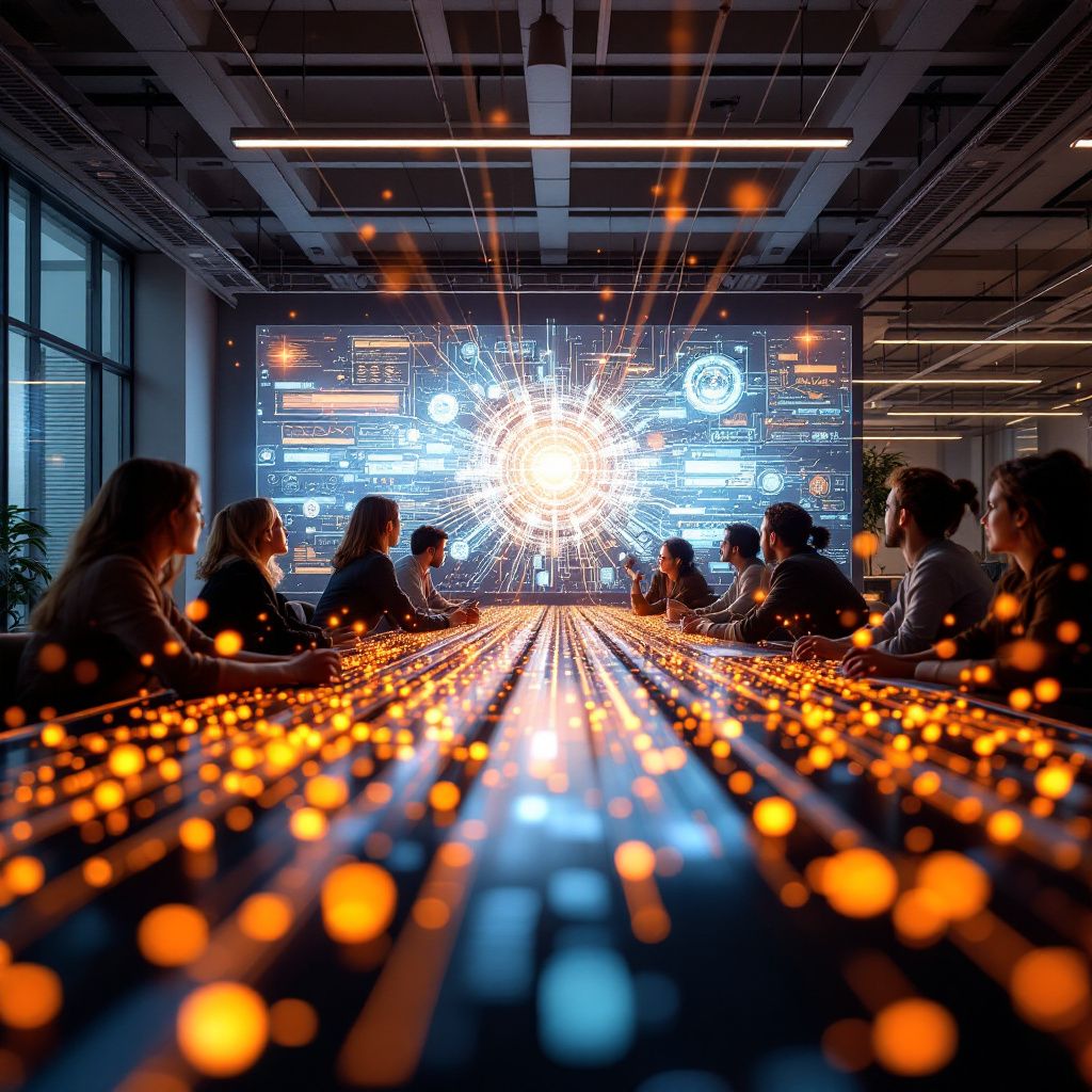 Forestil dig et dokumentaristisk og realistisk foto, der visualiserer den transformative effekt af teknologi i den moderne hverdag uden at bruge stereotypiske eller futuristiske elementer. Billedet viser en travl, livlig arbejdsplads i et åbent, lyst kontormiljø, hvor en gruppe udviklere og projektledere samles omkring en stor, semi-transparent digital tavle, der visualiserer dataflow og netværksforbindelser — abstrakte, farverige linjer og pulserende nodepunkter symboliserer dynamikken i databevægelser og AI-integration. Billedet fanger den daglige proces, hvor teams samarbejder om at optimere software, uden at fokusere på hardware eller skærme, men på de visuelle mønstre, som data skaber i et fælles rum. Denne realistiske scene understreger, hvordan moderne platforme som Supabase påvirker hverdagen gennem kontrol og fleksibilitet, med visuelle lag, der illustrerer data og AIs smidige samspil i en typisk innovationsmiljø. Den minimalistiske, men teknisk betonet komposition fremhæver det ukendte, men esse