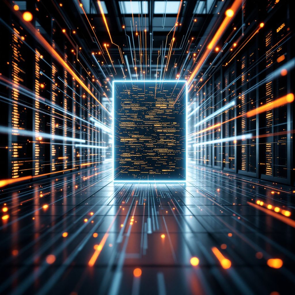 Forestil dig et storslået, realistisk billede taget fra en moderne datacenter- eller udviklingsmiljø, hvor abstrakte, dynamiske datalagen svæver i luften som et netværk af løkker og fibre, i høj kvalitet og med fint detaljeniveau. I midten er et minimalistisk, men futuristisk arkitektonisk element – en stor, monolitisk struktur, der forestiller en avanceret database eller serverklynge, med en let gennemsigtig overflade, hvor indre bevægelser af data og informationer visualiseres som skiftende lysstrømme og subtile, geometriske mønstre. Omkring denne centrale enhed er metalliske, reflekterende flader, der spejler de flydende datamønstre, hvilket skaber en følelse af kompleksitet og kraft. Baggrundsmiljøet fremstår i en realistisk, dokumentarisk stil med klare, naturlige lysforhold, der fremhæver teknologiens fysiske elementer uden at overdrive. Her er et syn af et moderne, åbent kontormiljø eller udviklingsspark, hvor teknologiske komponenter – server racks, netværksporte, kabler og lógica – er tydeligt synli