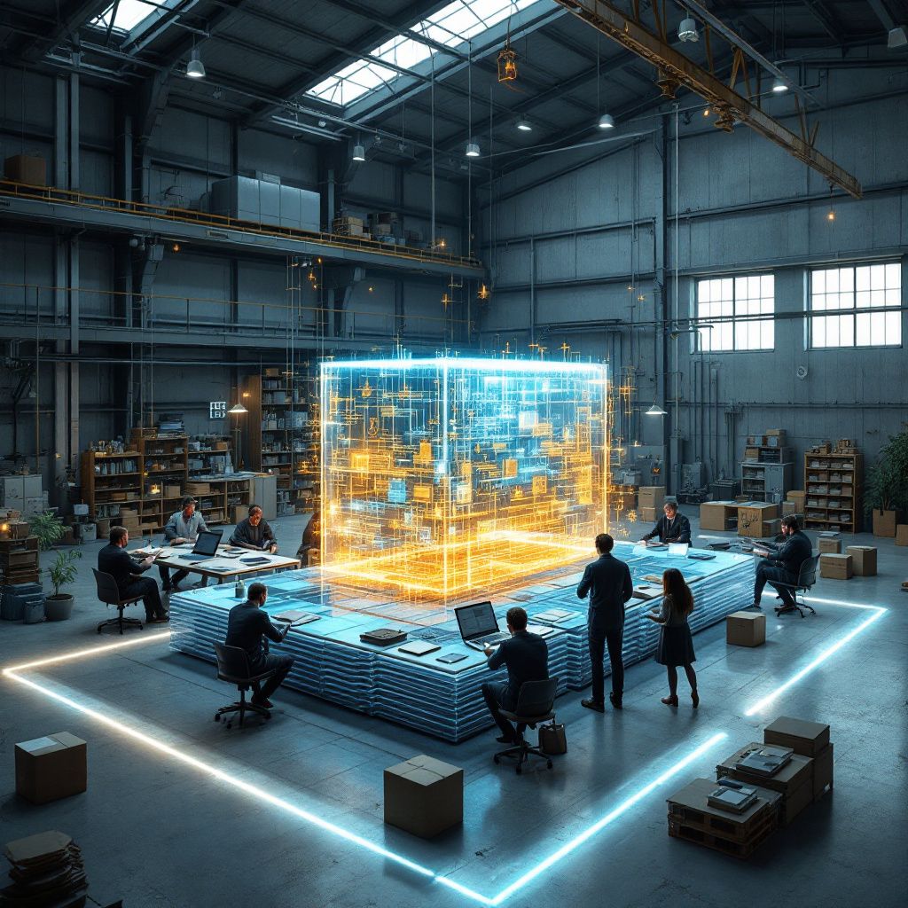 Forestil dig et dokumentaristisk, realistisk foto, der illustrerer den dybe transformation i softwareudvikling gennem et nærbillede af en moderniseret, minimalistisk arbejdsmiljø: en åben, lys fabrikshal med store, robuste bjælker og gulv af poleret beton. Midt i scenen står en stor, transparent model af en Postgres-database, visualiseret gennem lagdelte lag med tydelige, farverige datastrømme, der strømmer frit i luften som levende energi. Rundt om modellen er grupper af udviklere og projektledere i afslappet påklædning, der udveksler ideer, mens håndbevægelser peger mod data, API- og AI-visualiseringer projiceret på væggen, hvilket symboliserer de komplekse, men tilgængelige værktøjer, der driver moderniseringen. Alt dette er oplyst af bløde, varme belysning, der kontrasterer den teknologiske kompleksitet med en menneskeligt jordnær atmosfære. Uden at fremvise personer ved computere eller i kontorlokaler understreger billedet den transformative kraft af open source-platforme som Supabase, der forandrer den