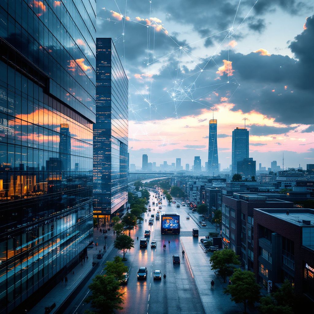 Forestil dig et realistisk og dokumentaristisk foto, hvor fokus er på den urbane hverdag i en moderne storby, symboliserende global AI-inference på AWS. Billedet viser en travl by, med reflekterede lys fra skyskrabere og digitale skærme, der projicerer kompleks data, grafer og netværksforbindelser i form af subtile, abstrakte linjer og mønstre, der strækker sig gennem byen. I helheden skaber billedet en følelse af en højteknologisk infrastruktur, hvor data flyder gennem byen som usynlige strømme, og fremhæver den globale, discursive natur af moderne AI og cloud computing i praksis, uden direkte menneskelige figurer, men med fokus på miljøet og de indlejrede systemer. Det er en realistisk visualisering af, hvordan AI-infrastruktur påvirker og integreres i det daglige urban miljø.