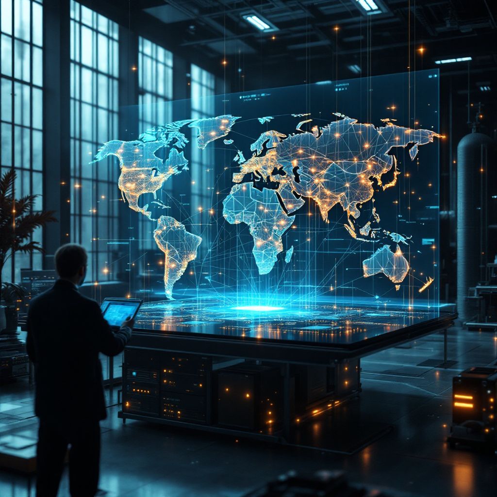 Forestil dig et realistisk og dokumentaristisk billede, der fanger effekten af global AI-inference i praksis, uden at inkludere mennesker direkte. Billedet viser en moderne produktionshal, hvor en stor, transparent dataskærm er opsat i midten, fyldt med komplekse, dynamiske grafer, der illustrerer dataflow og inferencetider på tværs af regioner. Mellem maskiner og konnektorer er der subtile, lysende netværksledninger, der symboliserer data, der flyder ubesværet mellem forskellige geografiske steder via skærmen. Den naturlige belysning filtreres gennem store vinduer, og skaber en subtil kontrast mellem de kolde teknologiske elementer og den varme atmosfære i et højteknologisk miljø, hvilket visualiserer ideen om robusthed og høj oppetid. Baggrunden viser et stilrent kontrolpanel med LED-indikatorer, der blinker lavmælt, og små, fikserede enheder, der repræsenterer datacenter-udstyr og vejrforudsigelser—alle symboliserer den praktiske anvendelse og pålideligheden af global AI-inference. Dette billede fokuserer