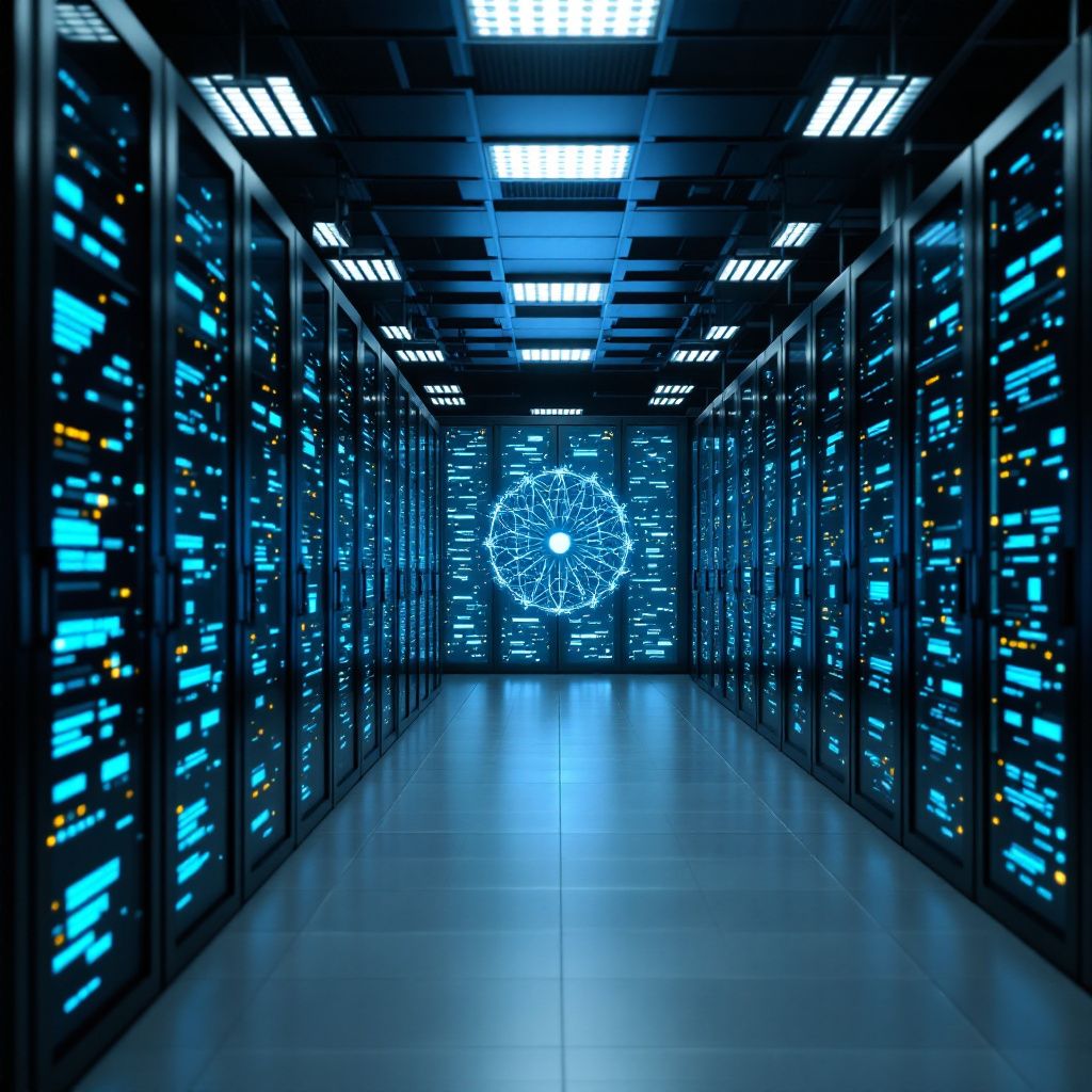 Forestil dig et dokumentaristisk fotografi, der fokuserer på det komplekse samspil mellem teknologi og omverdens påvirkning. Billedet viser en stor, moderne datacenterhall fyldt med rækker af servere, hvor de blå og grønne LED-lys blinker rytmisk, som om de udveksler data i en uendelig strøm. I midten står et stort, gennemskinneligt netværksdæksel, der symboliserer det abstrakte netværk af forbindelser og agentbaserede workflows. Rummet er oppet af det milde, blålige lys fra serverne, hvilket skaber en atmosfære af teknologisk kraft og kontrol, uden at menneskelige elementer er i fokus. I scenen reflekteres den højteknologiske virkeligheds indvirkning på samfundet gennem det raffinerede miljø, hvor data flows som usynlige energistrømme, og infrastrukturerne er det usynlige fundament for intelligente løsninger. Det illustrerer den nylige integrationsproces, hvor komplekse multi-agent workflows styres og overvåges, hvilket understreger kraften i nye frameworks som Microsoft Agent Framework, uden at vise person