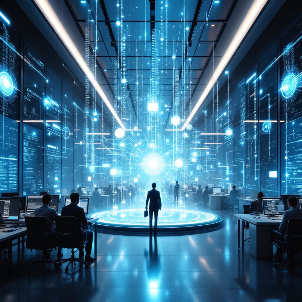 Forestil dig et dokumentaristisk og realistisk billede, der visualiserer de abstrakte, komplekse koncepter bag Microsofts nye Agent Framework, uden at det bliver for cliché. Forestil dig en moderne,ærtlig arbejdsproces – en stor moderne serverrum eller datacenter, hvor man ser flere stilfulde, afslappede arbejdere i baggrunden, der overvåger og justerer fysiske servere og router-løsninger. I det centrale fokus er en stor, elegant digital skærm, der viser et futuristisk, dynamisk visualisering af samarbejdet mellem forskellige digitale agentflader: grafiske repræsentationer af datastreams, forbindelser, og workflows, der bevæger sig flydende. Den abstrakte visualization inkluderer netværkslinjer, der strækker sig mellem centrale punkter, symboliserende multi-agentarkitekturen, og en rolig, neutral belysning, der understreger den teknologiske harmoni og robusthed i deres system. Dette billede formidler i realtid, hvordan komplekse systemer samarbejder i et modernt, avanceret miljø, hvor magtfuld blur af data o