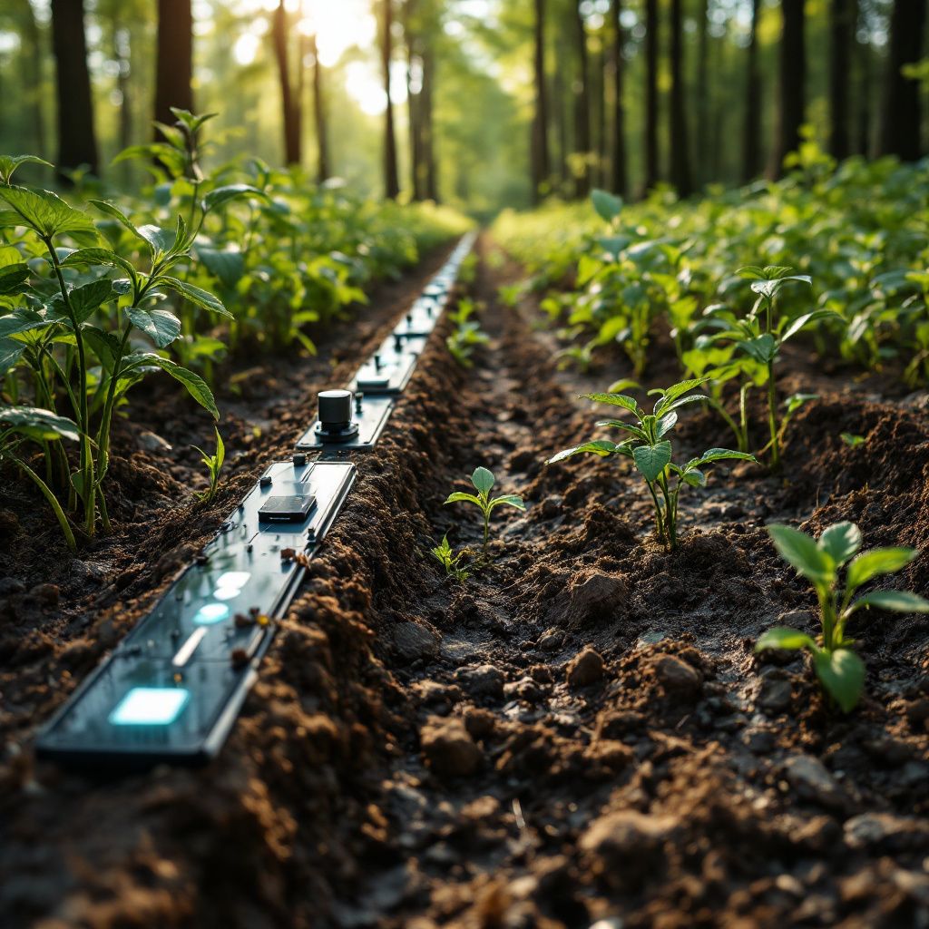Forestil dig et realistisk, dokumentaristisk foto taget i en moderne landbrugsmark, hvor en enkelt, præcist velfungerende IoT-sensor er placeret midt i den tørre jord, omgivet af spredte, visuelle indikatorer for dataindsamling. Kameraet, en Nikon D850 med en 24-70mm linse, er sat til en lav ISO 100 for at fremhæve den naturlige tekstur i jorden, med en blød dybdeskarphed, der isolerer sensoren mod en uklar baggrund af tørre planter og let bruset panorama af et tørst landbrugsland. Lyset er blødt, skabt med diffust naturligt dagslys, hvor den enkelte sensor og dens tilsluttede vandingssystem er i klart fokus, og fortæller historien om den præcise, datadrevne vandregulering i moderne landbrug. Billedet symboliserer en kritisk sti mod bæredygtighed ved at fremvise en enkelt, detaljeret teknologisk løsning, der opererer i naturen, uden at inkludere mennesker. Det illustrerer den skjulte kraft i AI og IoT-visualiseringer, der styrer ressourcer og påvirker globalt landbrug uden direkte menneskelige ansigter, men