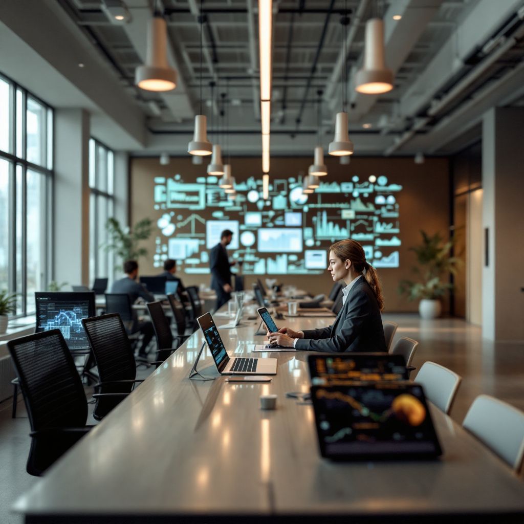 Forestil dig et realistisk, dokumentaristisk foto, der fanger den konkrete effekt af europæisk AI-teknologi i praksis – uden betydelig menneskelig tilstedeværelse. Billedet viser en moderne arbejdsplads, hvor et åbent, lyst rum er fyldt med naturligt lys, der strømmer gennem store vinduer og giver plads til en langbord med digitale skærme og tablets spredt ud over overfladen. På væggene hænger store, tydelige visuelle repræsentationer af komplekse datamodeller, grafikker og strukturer, der visuelt illustrerer AI'ens konkurrencekraft og fleksibilitet, uden at træde ind i sci-fi-æstetik. En stor vægmonteret skærm viser dynamiske, hyperrealistiske visuals, der demonstrerer den kreative anvendelse af FLUX til billedredigering – for eksempel en rejse fra et rå foto til en fuldt tilpasset, professional kunstnerisk visualisering, skabt på få sekunder. Billedet fremhæver en hverdagsscene med professionelle arbejdende i et europæisk kontormiljø, hvor forskere, designere og myndighedspersoner interagerer med teknologi