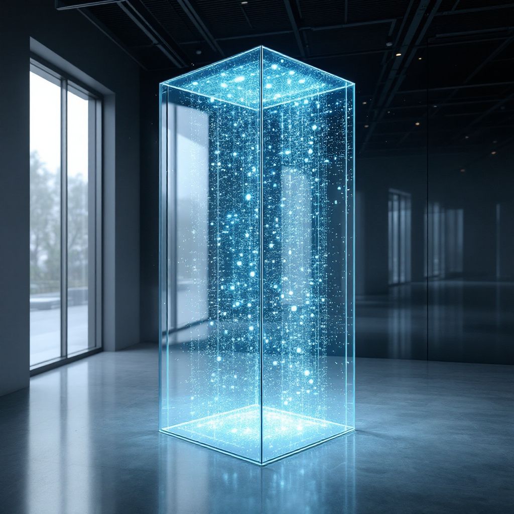 Forestil dig et nærbillede af en moderne, stilfuld arbejdsplads, hvor et abstrakt, men alligevel dokumentaristisk motiv fremhæver teknologiens rolle i samfundet. I fokus er en stor, transparent glaskasse, der symboliserer dataflyd og digital informationsstrøm – en visuel repræsentation af AI-integrationens effekt på hverdagen. Gennem skarpe, realistiske linser fanges lyset, der reflekterer i glasoverfladen og skaber dybde, mens subtile, levende farveprojektioner simulerer datamønstre, der flyder rundt i luften omkring. Bagved skimtes en bygningsstruktur, der minder om et offentligt administrativt eller kulturelt miljø, hvilket antyder, hvordan AI kan transformere både offentlige og private sektorer. Papirer og digitale skærme ligger uformelt på overfladen inden for synsvidde, men fokus er på det abstrakte artefakt, der skaber en ægte følelse af, hvordan avanceret teknologi dokumentarisk påvirker samfundet gennem konkretion og funktion – uden mennesker i fokus.
