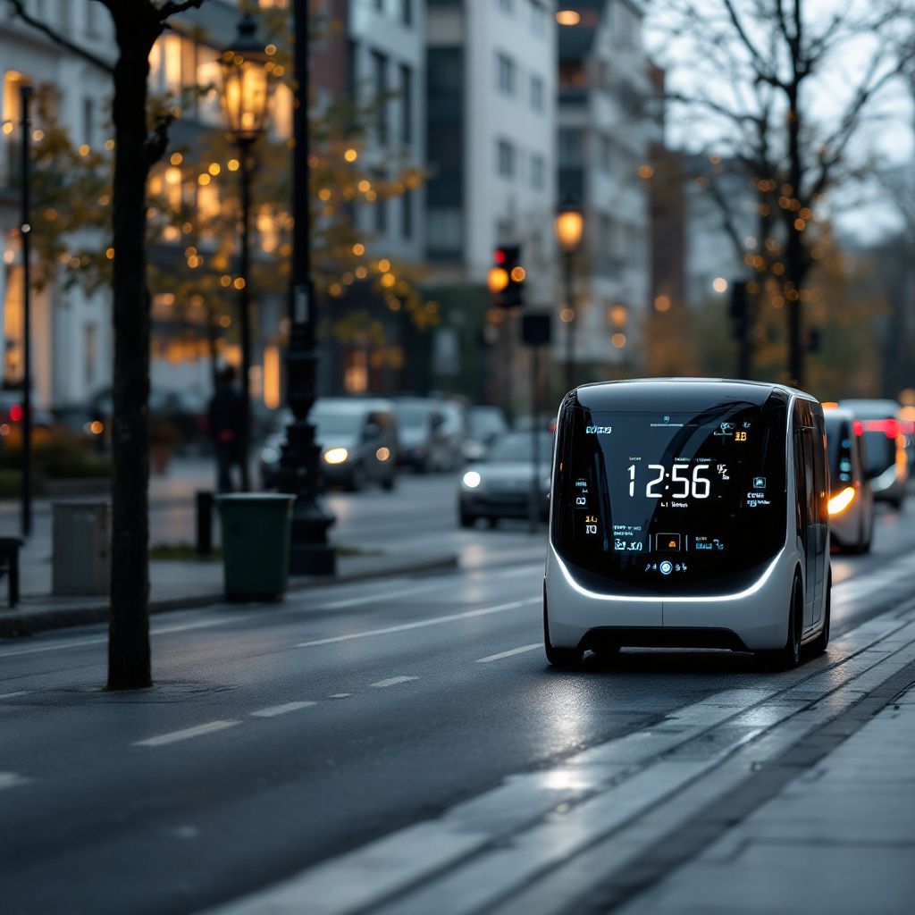Forestil dig et dokumentaristisk billede, der fanger en dagligt miljø præget af den hurtige teknologiudvikling inden for autonome køretøjer. Perspektivet er taget udendørs i en moderne by, hvor en række små elektriske selvkørende busser og shuttles bevæger sig gennem byens gader. Disse køretøjer er dækket af realistiske sensorer og V2I-kommunikation, der tydeligt viser, hvordan infrastruktur og teknologi arbejder i harmoni. Lyset er naturligt, men med subtile refleksioner fra de glatte, bionedbrydelige overflader og digitale displays, der viser realtidsdata om vejforhold og trafik. I det bløde lys af en overskyet dag står lygtepæle og trafiklys, som alle er integreret med avancerede sensorer, hvilket understreger Europa’s fokus på sikkerhed og etik. I luften hænger en atmosfære af omstilling, hvor adskilte grupper af mennesker i almindelig påklædning – ældre, familier og unge – i mindre grupper observerer, og med lidt afstand giver deres tillids- og skeptisk-udtryk en dybde til scenen. Denne ramme illustrere