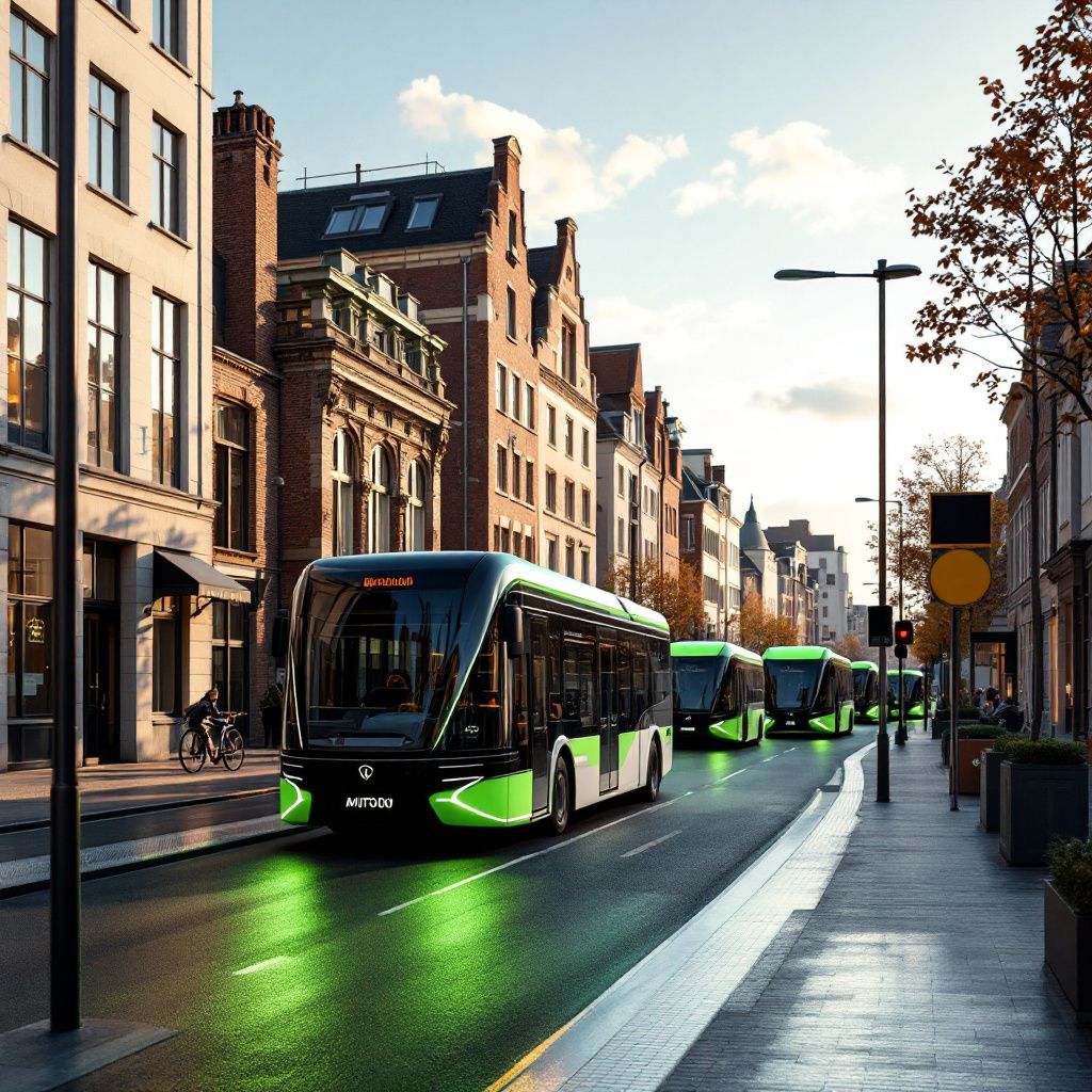 Billedet viser et anerkendt gadebillede fra en moderne europæisk storby, hvor en smal gade er omkranset af høje, tidløse bygninger med tydelige arkitektoniske detaljer. Midt i scenen står en autonom, elektrisk minibuss, stilfuldt designet med glatte linjer og diskrete, LED-lysstativer. Bussen er omgivet af miljøvenlige infrastrukturer som ladestandere og smart trafikstyring med integrerede sensorbelægninger, der registrerer trafikflow og vejforhold. I baggrunden anes en gruppe nye, grønne bybusser, der er i færd med at tilpasse sig et intelligent mobilitetsnetværk, mens træer og grønne områder indrammer scenen, hvilket symboliserer den bæredygtige omstilling i transportsektoren. Gadebilledet er optaget i en skarp, realistisk dokumentarstil med præcis fokus på teknologiske detaljer, og lysets bløde skygger fremhæver teksturen af både infrastrukturen og den autonome teknologi i miljøet.