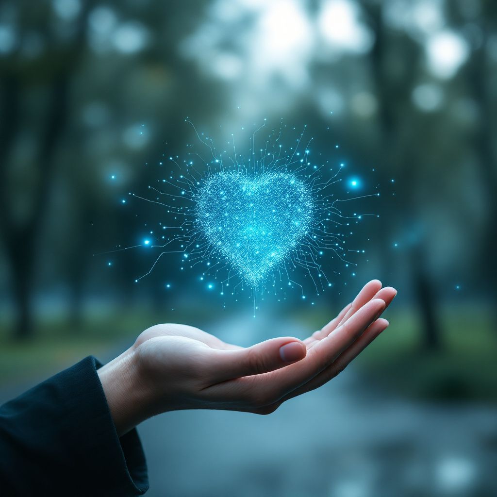 Et kraftfuldt, dokumentaristisk billede, der konceptuelt visualiserer den transformative potentiale af den nye skærmløse AI-enhed. Forestil dig et nærbillede af en håndholdt, minimalistisk enhed, der hviler i en persons hånd, omgivet af en blød, naturlig baggrund – måske en park eller et offentligt rum, hvor mennesker færdes. Enheden har en neutral, diskret finish med små LED-lys, der skifter farve i et subtilt mønster, symboliserende dens evne til at kommunikere gennem bløde signaler uden skærm. Der er ingen mennesker i fokus, men i baggrunden skimtes bløde silhuetter af borgere, der interagerer med omgivelserne, hvilket antyder en bred offentligt tilgængelig kontekst. Dette billede formidler en dagligdags, men revolutionerende situation, hvor teknologi er integreret i det offentlige rum uden visuel distraktion. Den stille, intuitive interaktion mellem borger og enhed antyder, hvordan denne teknologi kan gøre offentlige services mere inklusive, usynligt men effektivt, hvilket understøtter artiklens tema om