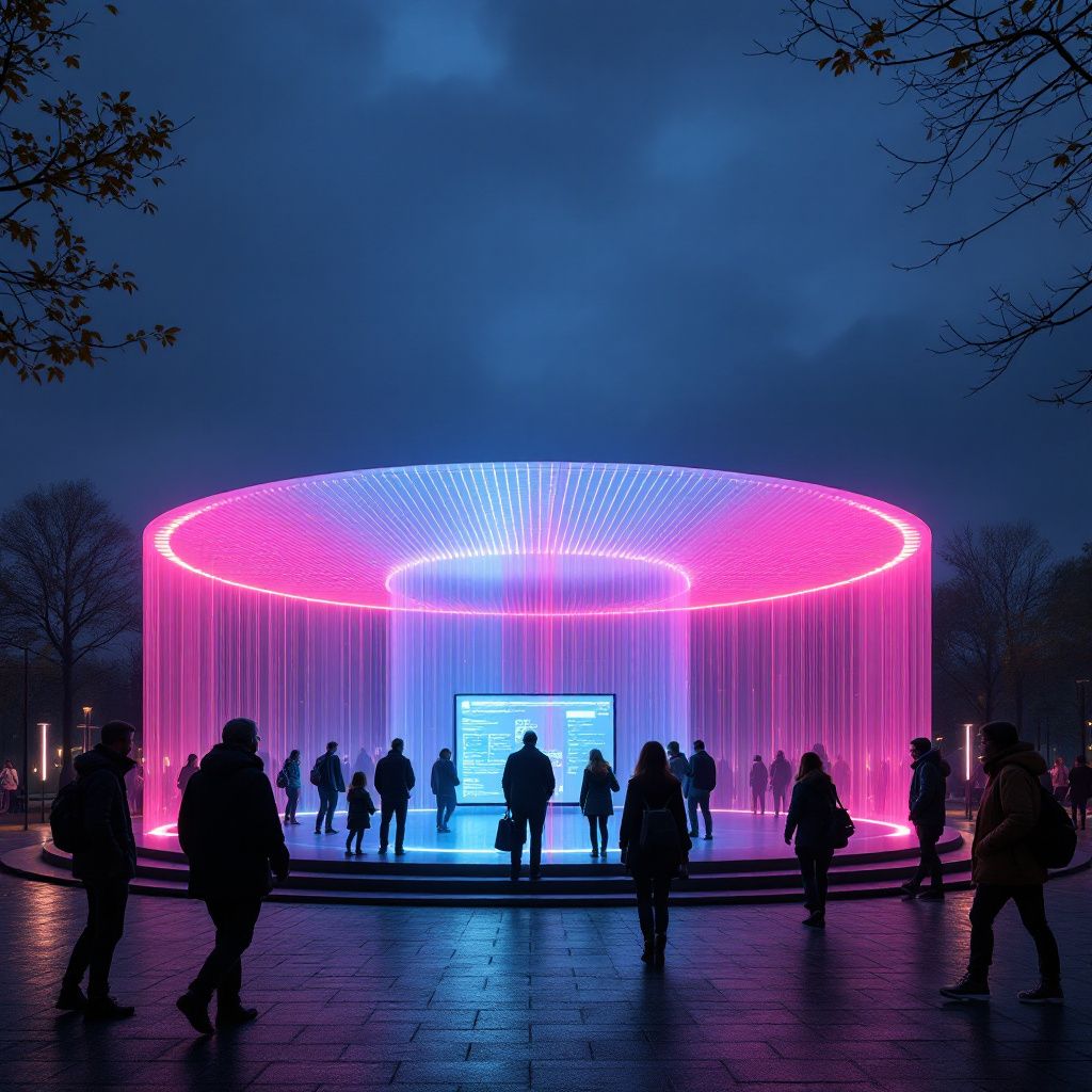Forestil dig et iøjnefaldende, dokumentaristisk billede af en moderne bypark i skumringen, hvor en stor, cirkulær installationskunst af lys og lyd symboliserer den nye AI-enheds integrerede rolle i det offentlige rum. Midt i billedet står et stort, minimalistisk informationsbord, hvis overflade er dækket af vandrette, pulserende lyssignaler, der reagerer på omkringstående bevægelser og lyd – en visuel repræsentation af den skærmløse kommunikationsteknologi. Omkring installationen er flere forbipasserende, nogle ældre med stokke, andre unge med høretelefoner, alle i færd med at interagere med de subtile visuelle og auditive signaler—uden direkte menneskelige kontakter med enheder eller skærme. Lyset fra LED-lysene skaber en beroligende atmosfære, der afspejler teknologiens potentiale for inklusion, mens de omkringliggende træer og bygningsstrukturer giver et naturligt miljø, der harmonerer med den digitale innovation. I baggrunden er en bygningsfacade med store vinduer, hvor indendørs personsikre, soft-belysn