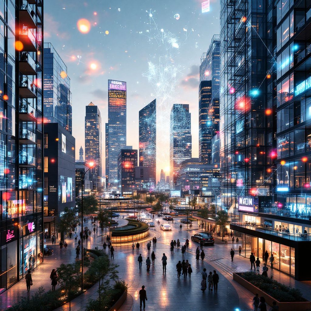 Billedet viser et moderne, dynamisk stadsbillede, der understreger den transformative indflydelse af AI-teknologi på samfundet. I fokus er en stor, transparent digital skærm, der integrerer abstrakte, flydende data-strømme i form af farverige, løbende grafiske visualiseringer, som symboliserer den komplekse databehandling, AI’s evne til at analysere og optimere. Ringen af velkendte bygningskonturer og moderne infrastruktur i baggrunden understreger det offentlige systems, hvor AI integreres for bedre borgerbetjening og automatisering, uden at fremstå futuristisk i sci-fi-stil, men som en naturlig del af nutidens bymiljø. Farverne er jordnære med dybe blå, grønne og grå nuancer, der giver en følelse af alvor og pålidelighed, mens de flydende data-symboler – ligne digitale kabler og små ikoner – glider gennem billedet som en usynlig, men kraftfuld strøm, der påvirker alle aspekter af det offentlige liv. Det underspiller betydningen af teknologiens indvirkning på samfundet gennem realistiske details og en dok