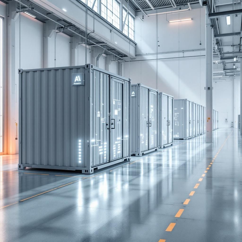 Forestil dig et realistisk billede taget i en moderne industriel indstilling, som viser en stor, minimalistisk trænings- og evalueringsfacilitet for AI-systemer. Midt i rummet står en række tydeligt mærkede, robuste containere eller containere, der indeholder
