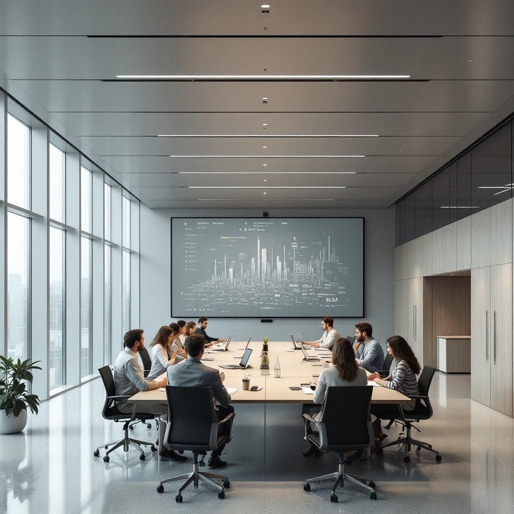 Det mest fængende og realistiske billede, der kan visualisere emnet i første tredjedel af artiklen, er et dokumentarisk portræt af en moderne, offentlig administrativ bygning. Billedet viser en stor, åbent kontor- eller administrationsmiljø med høje, minimalistiske arkitektoniske elementer, hvor voksne medarbejdere uden direkte computerskærme er i færd med at gennemgå nervøse samtaler eller noterer ved skrivebordene. Midt i billedet står en stor, neutral væg, hvor en stor digital skærm viser en abstrakt visualisering af dataflydende information — måske formet som flydende lysstrømme og komplekse grafikker, symboliserende AI-processer og fejlagtige rapporter, der er på vej til at blive gennemgået. Dette scenarie fanger den daglige forståelse af, hvordan AI integreres i offentlige organisationer, uden at fokusere på mennesker ved deres computere, men i stedet viser det en kontrolleret, stærkt overvåget process, der afspejler risici og nødvendigheden af ansvarlig styring. Det giver en intim, dokumentarisk følel