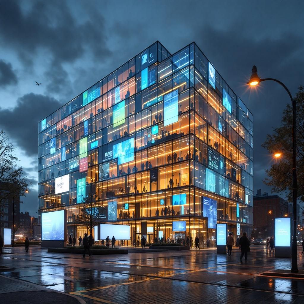 Forestil dig et realistisk, dokumentaristisk billede af en moderne, urban bygning under en typisk dag, hvor avanceret teknologi er integreret i den offentlige infrastruktur. Billedet viser en stor, transparent byggnad med digitale displaypaneler, der viser realtidsdata om trafik, vejr og bybelysning, samt små drones, der patruljerer luften, og sensorer, der registrerer miljøforhold. I forgrunden er der en gruppe digitale billboards, hvor der vises advarsler om fejl eller unøjagtigheder i AI-genererede rapporter, hvilket understreger den løbende overvågning og myndigheders respons på teknologiske fejl. Det er en hverdagsscene, der demonstrerer, hvordan AI og automatiserede systemer er blevet en integreret del af byens styring og offentlig service, uden at fokusere på personer — kun på den teknologiske infrastruktur og dens effekter i byen. Dette bildesamling af levende, realistiske teknologiske elementer illustrerer de komplekse processer, ansvar og risiko, der er forbundet med AI-implementering i det moderne 
