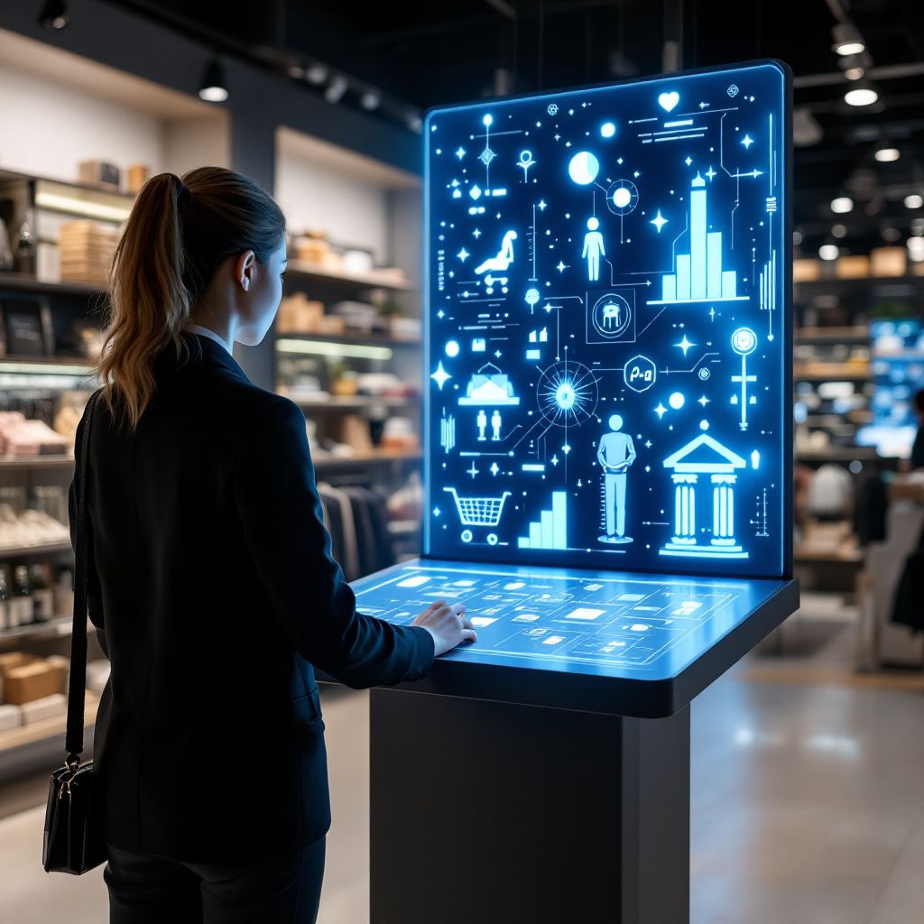 Forestil dig et tydeligt, dokumentaristisk billede taget i en moderne, højteknologisk butik eller et supermarked, hvor AI-drevet handel er en naturlig del af den daglige virkelighed. På scenen står en minimalistisk, elegant displaystand med en interaktiv skærm uden forbruget af mennesker, der viser dynamiske visualiseringer af data og kørsler — eksempelvis digitale indkøbsvogne, der flyder over med varer, og interaktive ikoner, der symboliserer betaling, personalisering og dataanalyse. Billedet fokuserer på de subtile animationer og flydende overgange i skærmene, som illustrerer AI'ens evne til at styre hele købsprocessen, fra produktvalg til betaling. Omgivelserne er præget af rene, futuristiske linjer og naturligt lys, der fremhæver de velafstemte, teknologiske elementer i miljøet, uden at menneskelige tilstedeværelser dominerer — dette skaber en konkret, realistisk scene af, hvordan AI-truslen kan manifestere sig i fremtidens dagligdag, uden at det fremstår som science fiction.