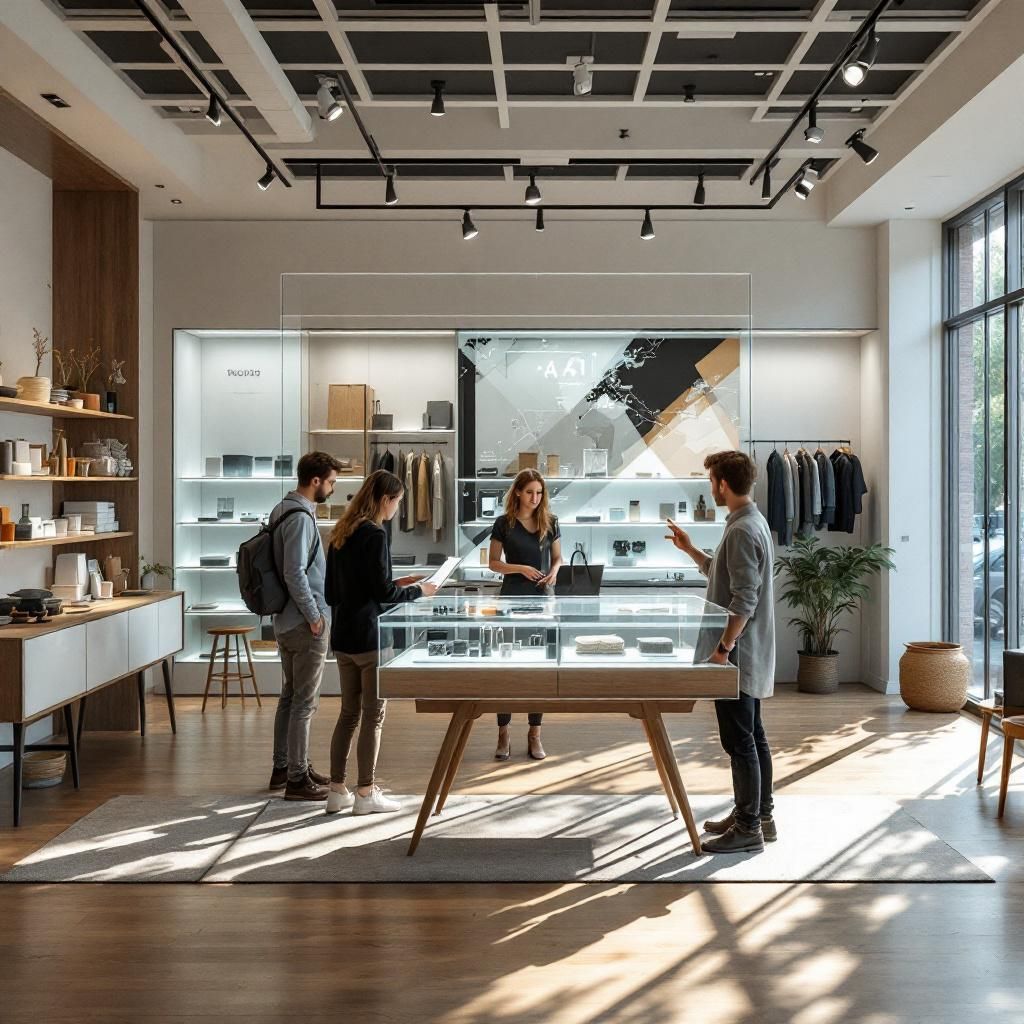 Forestil dig et realistisk, dokumentaristisk billede af en moderne butik, hvor teknologien er integreret i hverdagen uden synlige kanter. I midten af billedet er en transparent, digital displayskærm, der erstatter traditionelt butiksvindue. Skærmen viser en kontinuerlig strøm af AI-genererede produktanbefalinger og interaktive elementer, som kunder kan betjene med en simpel gestikulering. Rummet er fyldt med naturligt lys, og den flade, næsten usynlige grænse mellem den fysiske og digitale verden er blødgjort, hvilket skaber en følelse af, at AI er en naturlig del af kundeoplevelsen. Omgivelserne er minimalistiske, med naturlige materialer og subtile lysinstallationer, der fremhæver teknologien som en integreret og naturlig del af det moderne handelmiljø. Ligesom en dokumentar kan fange livets små, men væsentlige øjeblikke, visualiserer dette billede den transformative effekt af AI-drevet commerce: en verden, hvor beslutninger tages intuitivt gennem innovative interfaces, og hvor teknologi er så integreret
