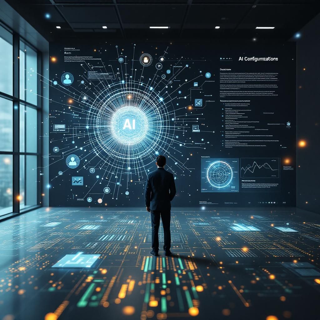 Det mest fængende og relevante billede, der kan illustrere emnet omkring AI-udviklingen og den transformative rolle, den spiller i nutidens samfund, er en realistisk dokumentaristisk optagelse af en moderne, nytidig arbejdsplads, hvor teknologi er integreret på strategiske og usete måder. Forestil dig en scene uden mennesker ved computere: en stor, minimalistisk digital vægskærm, der viser komplekse, flydende diagrammer, netværk og datablokke, der symboliserer AIs dybdegående integration i forretningsprocesser. I forgrunden kan man se transparente, holografiske lag af data, der flyder opad, omslutter arkitekturen og visualiserer dataflows mellem systemer – en metafor for AI-operativsystemets potentiale til at tilpasse og forbedre digital infrastruktur og samfundsinteraktioner. Lyset er neutralt, præcist, og med subtile farvetoner, der repræsenterer innovation og styrke—blåt, grønt og hvidt. Lokalet er lyst med store vinduespartier, der viser en urban, dynamisk skyline, hvilket underbygger ideen om et fremti