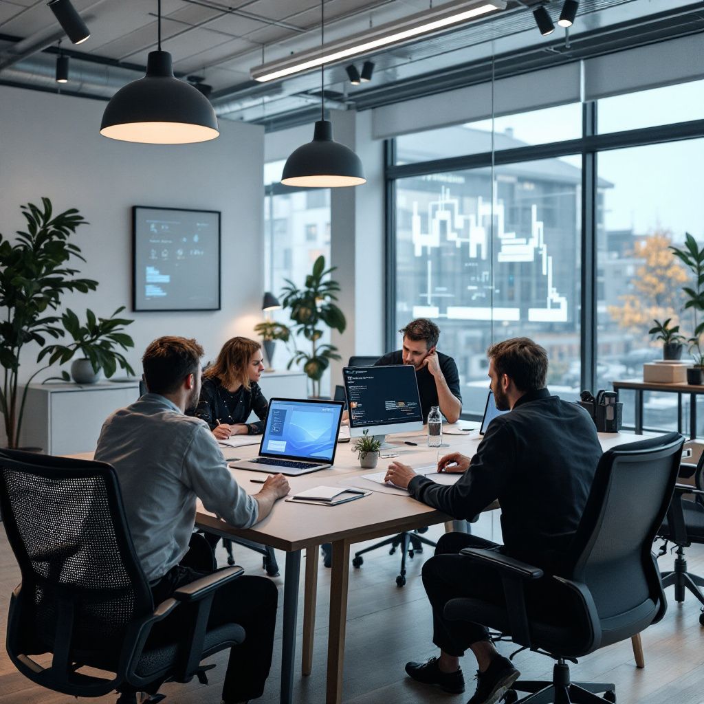 Det mest fængende og realistiske billede, der matcher artiklens sidste tredjedel, kunne være en dokumentaristisk scene fra en dagligdags, moderne arbejdsplads i en dansk virksomhed eller offentlig organisation, hvor AI integreres dybt i hverdagsprocesserne. Forestil dig et billede af en fleksibel kontorplads med åbne arbejdsstationer, hvor der er synlige, diskrete AI-interfaces integreret i de fysiske omgivelser—f.eks. smarte skærme indbygget i vægge eller borde, der viser dataanalyser og AI-drevne forslag, mens ansatte arbejder intuitivt uden at fokusere på computere. Det kan også inkludere en professionel, der vurderer en digital rapport på en stor, diskret skærm uden direkte at interagere med et tastatur, hvilket symboliserer AIs rolle som en samarbejdspartner i det daglige arbejde. Det dokumentaristiske præg fremhæver, hvordan AI – med eksterne data og intelligente værktøjer – gør arbejdsprocesserne glattere, hurtigere og mere datadrevne i en realistisk, nutidig kontekst.