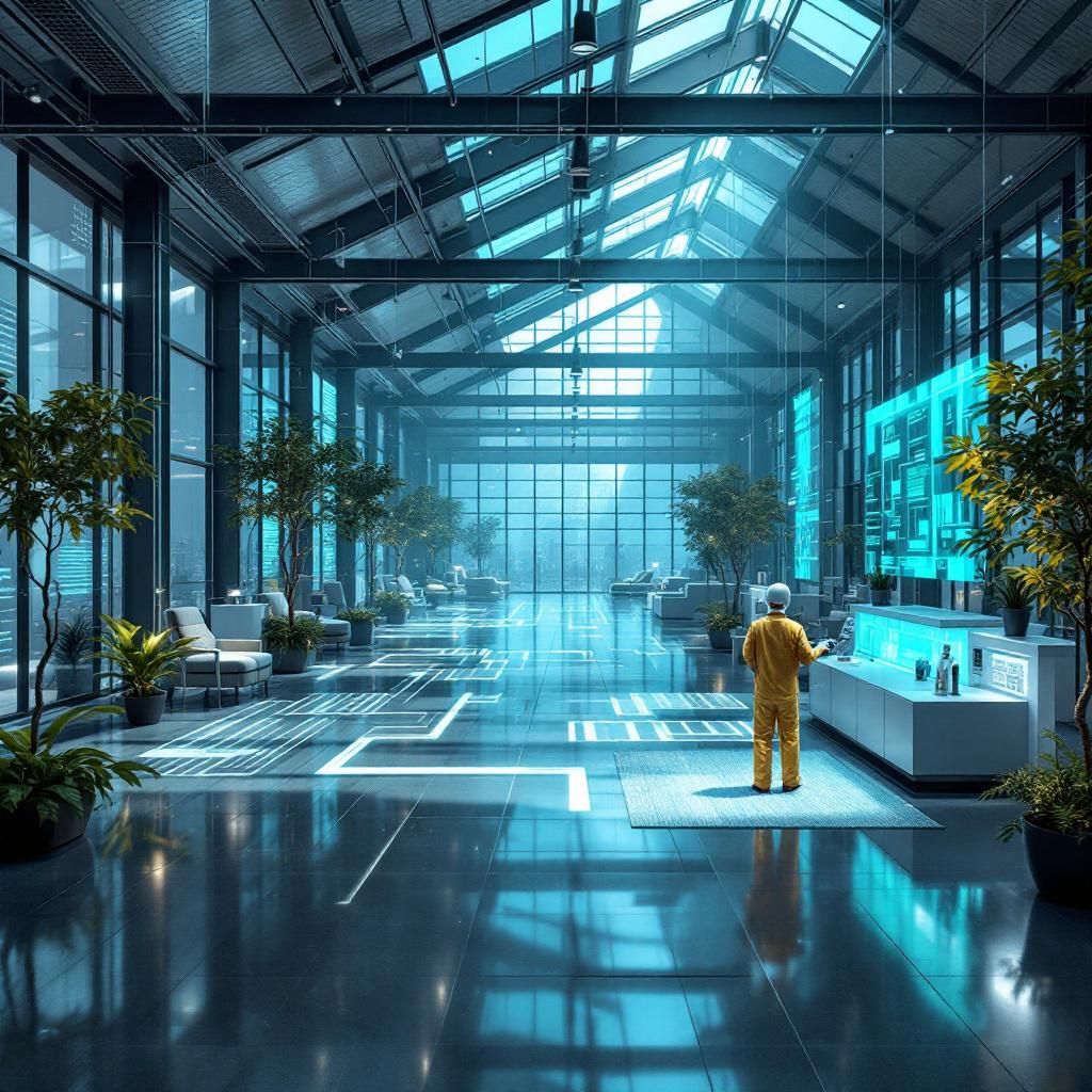 Det mest fængende og realistiske billede, der visualiserer emnet om AI-genererede digitale miljøer, kunne forestilles som et in situ foto af et moderne, funktionelt træningsmiljø i en offentlig institution eller indkøbscenter, hvor digitale projektioner og AR-teknologi integreres uden synligt menneskeinteraktion. Forestil dig en bred, åben hal med en stor, gennemsigtig væg, hvor realistiske 3D-scener af hospitaler, byrum eller fabrikshaller guider virtuelle robotter gennem realistisk træning, visualiseret gennem avancerede, interaktive skærme eller holografiske lag. Omgivelserne er præget af en harmonisk sammensætning af nutidens arkitektur, med anvendelse af naturligt lys og subtile teknologiske indretninger, der fremhæver selve miljøets funktion som et innovativt trænings- og simuleringselement. Billedet fokuserer på miljøets realisme og anvendelighed, med hightech, men jordnære elementer – eksempelvis robotarme, der bevæger sig præcist i realistiske omgivelser, eller optiske sensorer, der scanner simuleri
