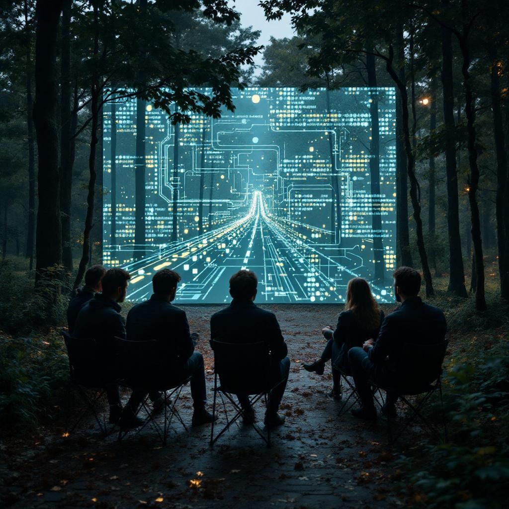 Forestil dig et dokumentaristisk, realistisk foto taget i en moderne bypark i Danmark, hvor et ultrafin, digitalt terræn er projiceret direkte på jordoverfladen via en skjult projektor. I midten står en gruppe forskere og byplanlæggere, der uden at se direkte på skærme, engagerer sig i en interaktiv diskussion om infrastrukturplanlægning, trafikflydning og nødscenarier. Det er tydeligt, at de arbejder med data, men i et naturligt og hverdagsligt miljø, hvor den digitale teknologi integreres problemfrit i det fysiske landskab, og skaber en åben dialog om urban innovation. Det bløde, naturlige lys i scenen kombineres med lysrefleksioner fra den projicerede data, hvilket skaber en balanceret atmosfære af teknologisk fremskridt og menneskeligt fokus uden at virke futuristisk eller sci-fi-præget.