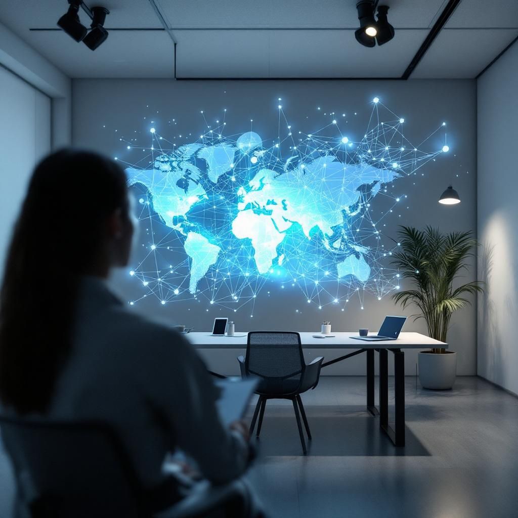 Forestil dig et realistisk, dokumentaristisk billede der visualiserer den abstrakte effekt af AI-teknologi i nutiden, uden at fokusere på mennesker. Et aktuelt miljø kan være et moderne, åbent kontorlandskab med nogle få udgaver af avancerede, minimalistiske gadgets og dataafspillere placeret på skrivebulte, der illustrerer, hvordan AI og dataanalyser er integreret i dagligdagen. Fokus er på en stor, transparent skærm- eller projektion, der visualiserer komplekse, flydende datafelter og netværkslignende strukturer, symboliserende AI-processer og datadatastrømme, der flyder gennem miljøet i form af lysende linjer og pulserende grafer. Den naturlige belysning og refleksioner på glaskabinetter og overflader fremhæver den stadigt mere uundværlige rolle, teknologien spiller i erhvervs- og samfundsstrukturerne. Dette billede viser, hvordan avanceret data- og AI-infrastruktur er subtilt integreret i et hverdagsmiljø, hvor teknikken driver strategiske beslutninger og optimering uden at tiltrække sig opmærksomhed—det