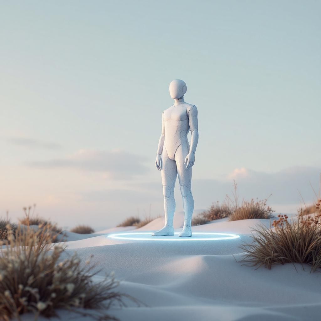 Et fredeligt landskab, der repræsenterer den strategiske anvendelse af AI i salgsarbejde, hvor en enkelt, minimalistisk terrakottastatuet står på et sandet plateau. Statuetten er formet som en abstrakt figur med geometriske, glatte former, der symboliserer dataflow og beslutningsprocesser, og den er omkranset af et fint netværk af fluorescerende linjer, der forbinder den med omgivelserne. I baggrunden ses bløde belysningsflader, der antyder en digital atmosfære, hvor teknologien arbejder i baggrunden for at optimere salgspræsentationer, uden at det er til at se direkte. Landskabet er præget af naturlige, jordnære farvetoner, men med subtile digitaliserede elementer, der peger mod en harmonisk integration af teknologi i hverdagen. På en måde symboliserer billedet den usynlige, men kraftfulde indflydelse, som AI har på salgsprocessen: den er som en stille kraft, der former og styrer—en kraft, der er nærværende, men ikke dominerende. Det er et fotografisk postkort fra nutidens virkelighed, hvor avanceret teknol
