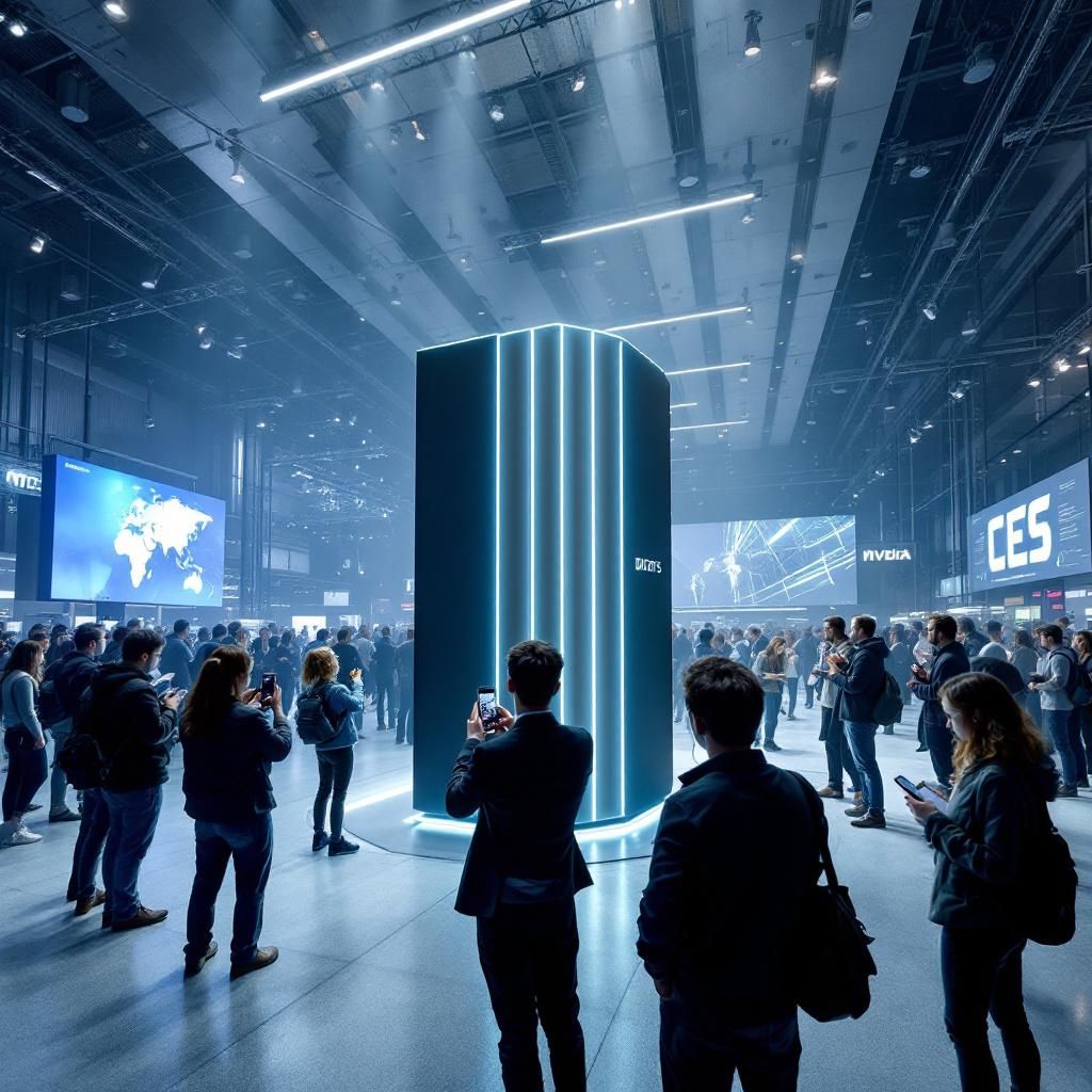 Billedet viser en travl, moderne industrihal under CES 2025, hvor fokus er på Nvidias buzzworthy præsentation af Project DIGITS. I centrum står en slank, minimalistisk AI-supercomputer med slørede, bløde linjer og subtilt skiftende LED-lys, reflekterende den nyskabende teknologis avancerede natur. Omkring den er en gruppe nysgerrige besøgende i forskellige aldersgrupper og beklædning, fanget i et øjeblik af fascination og opdagelse, nogle fotograferer med smartphones, andre noterer i notesbøger, hvilket afspejler et øjebliks global videnskabelig og kommerciel samhørighed. Bagved projicerer store LED-skærme komplekse data og AI-modeller, som symbol på den nye æras kapacitet og potentiale, mens den pulserende belysning og den røgfrie atmosfære understreger atmosfærens intensitet og innovative energi . Dette billede illustrerer en hverdagssituation, hvor avanceret AI-teknologi er blevet en integreret del af en større offentlig begivenhed, der representationer samarbejde, innovation og globalt fokus på forskni