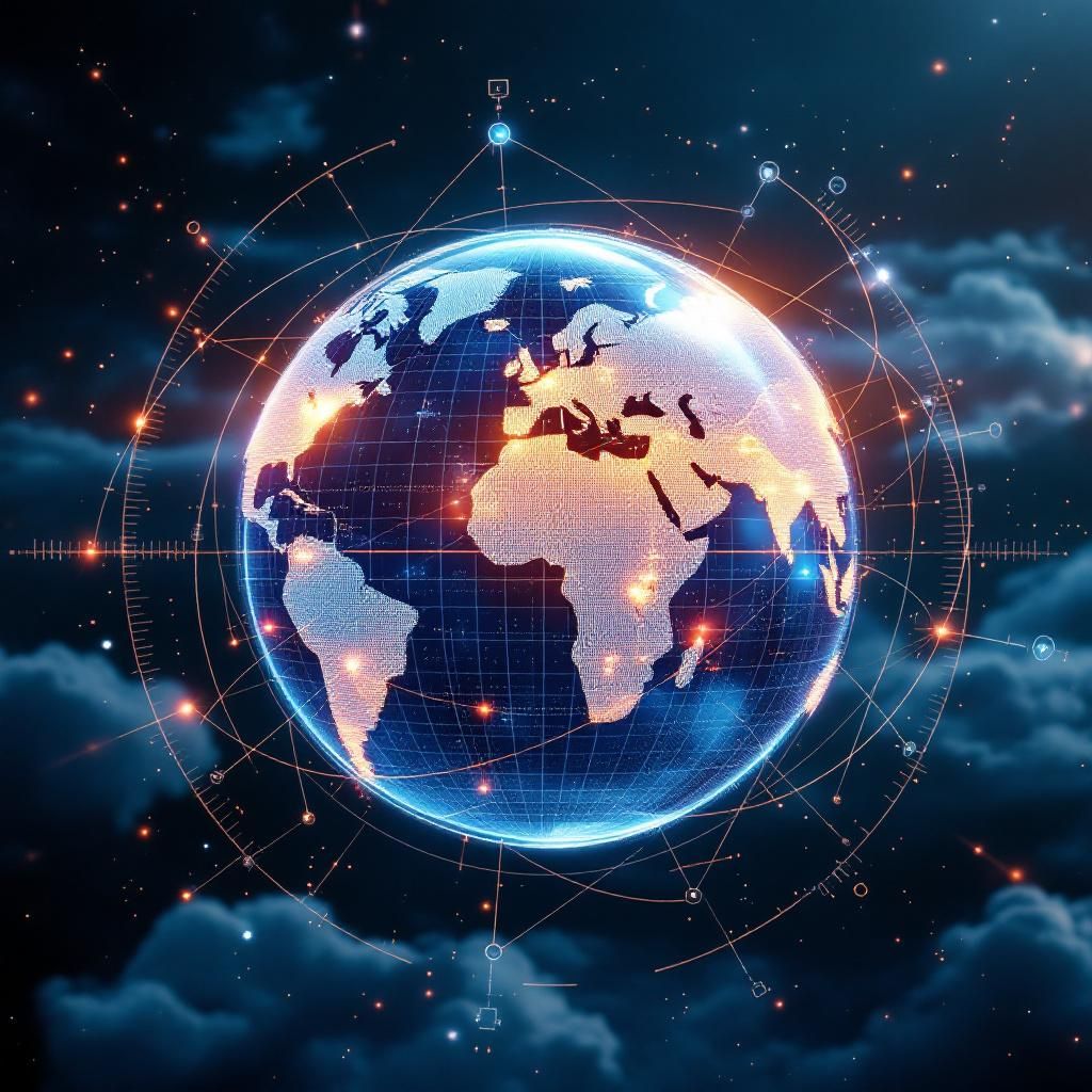Forestil dig et realistisk, dokumentaristisk billede, der visualiserer den potentielle indflydelse af international AI-samarbejde på samfundet. I centrum står en stor, transparent globus, hvor kontinenternes grænser er markeret med fine, lysende linjer, der symboliserer datastreams og samarbejdskanaler. Rækken af små, minimalistiske ikoner – for eksempel en sundheds-helse, en jordklode, og en robotarm – flyder gennem de forskellige kontinenter, illustrerende AI'ens globale rækkevidde og dens anvendelse inden for klimaforandringer, sundhed og robotteknologi. Over globussen svæver subtile, digitale netværksmønstre, der forbinder disse elementer med fine LED-linjer og antyder en dynamisk, tæt forbundet verden. Baggrunden er en neutral, let sløret urban scene med skyskrabere, der antyder en moderne storby som hub for innovation. Opsætningen er enkel, men kraftfuld: mørke og lyse kontraster skaber dybde og blikfang, mens subtile refleksioner af lys fra værktøjerne og datanetværket giver en følelse af, at teknolog