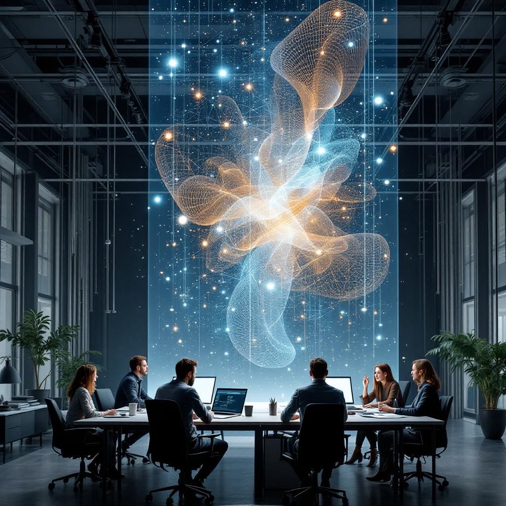Forestil dig et dokumentaristisk, realistisk billede taget i en moderne design- og innovationslabratorie. I fokus står en stor, transparent skærm, der visualiserer komplekse datastrømme i form af flydende, abstrakte farvebølger, der bevæger sig organisk over skærmens overflade. Under skærmen står en gruppe professionelle — designers, udviklere og strategiske ledere — i arbejdsstillinger, hvor deres hænder peger mod datablokkene, som ser ud til at svæve i luften, symboliserende samarbejde og kreativ udveksling uden behov for direkte menneskelige interaktion i fokus. Atmosfæren er præget af bløde, varme LED-lys, der kontrasterer den kolde teknologi, foran en stor vindue med udsigt over en travl by, som illustrerer den globale digitale integration, uden at fokusere på enkeltpersoner. Dette billede illustrerer den underliggende essens i artiklen: den innovative anvendelse af AI til samarbejde og design, hvor abstrakte datastrømme og datavisualiseringer bliver til en del af den kreative proces. Det er et scenar