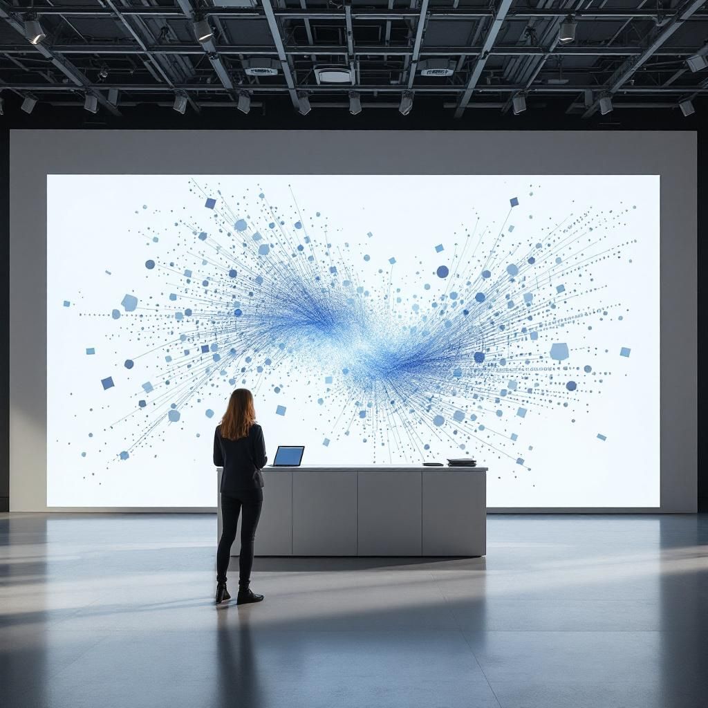 Et billede, der fanger essensen af AI’s indflydelse i hverdagen, kunne visualisere en moderne skole- eller uddannelsesfremvisning, hvor et dynamisk interaktivt display viser fragmenter af online samtaler, tekstgenerering og datadistribution. Disse visuelle elementer, præsenteret i form af flydende, abstrakte datafluxer, der strømmer mellem en central, stilfuld enhed eller skærm, symboliserer den konstante udveksling af information. Omgivelserne er neutrale, med naturligt lys, som giver en følelse af hverdagsrealistisk aktivitet, uden at inkludere mennesker direkte, men med tydelige hints i form af notatbøger, tablets eller smartphones i en måde, der understreger teknologiens rolle i social og uddannelsesmæssig sammenhæng. Dette billede illustrerer, hvordan AI og chatbots er integreret i vores samfundsstrukturer, uden romantisering eller karikerede stereotyper, og fremhæver den abstrakte dynamik i datadrevet kommunikation.