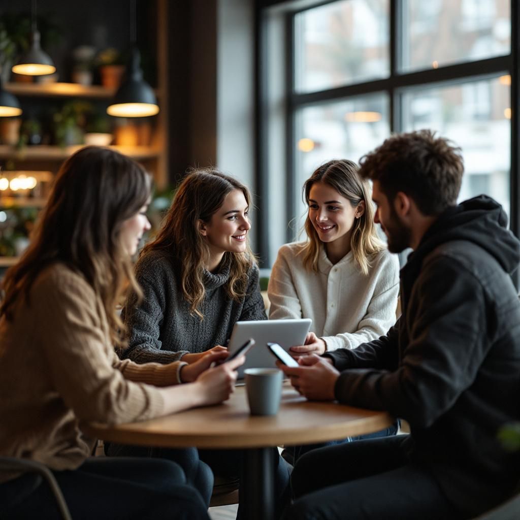 Det mest fængende og realistiske foto, der illustrerer emnet om AI og chatbots i hverdagen, kan vise en dagligdags scene i et moderne, offentligt miljø, hvor teknologien er integreret i det sociale samspil uden at fokusere på personer ved computere. Forestil dig et socialt cafémiljø, hvor unge eller voksne sidder i grupper, hver med en åben tablet eller smartphone, mens nogle bruger stemmeaktiverede AI-assistenter eller chatbots til at kommunikere. Bildet kan fange den subtile interaktion, hvor den menneskelige tilstedeværelse er dominerende, men teknologien er til stede som en uadskillelig del af miljøet gennem synlige skærme eller smarte enheder. Den adjacente scene kan vise en samling af forskellige fysiske objekter – fx en tablet, smarte højtalere, eller digitale tablets – med iconografiske visualiseringer af dataflow, netværksforbindelser eller abstrakte bølger af information, der flyder mellem enhederne. Det skabe en klar og realistisk kontekst for, hvordan AI og chatbots er blevet hverdagens nære assi